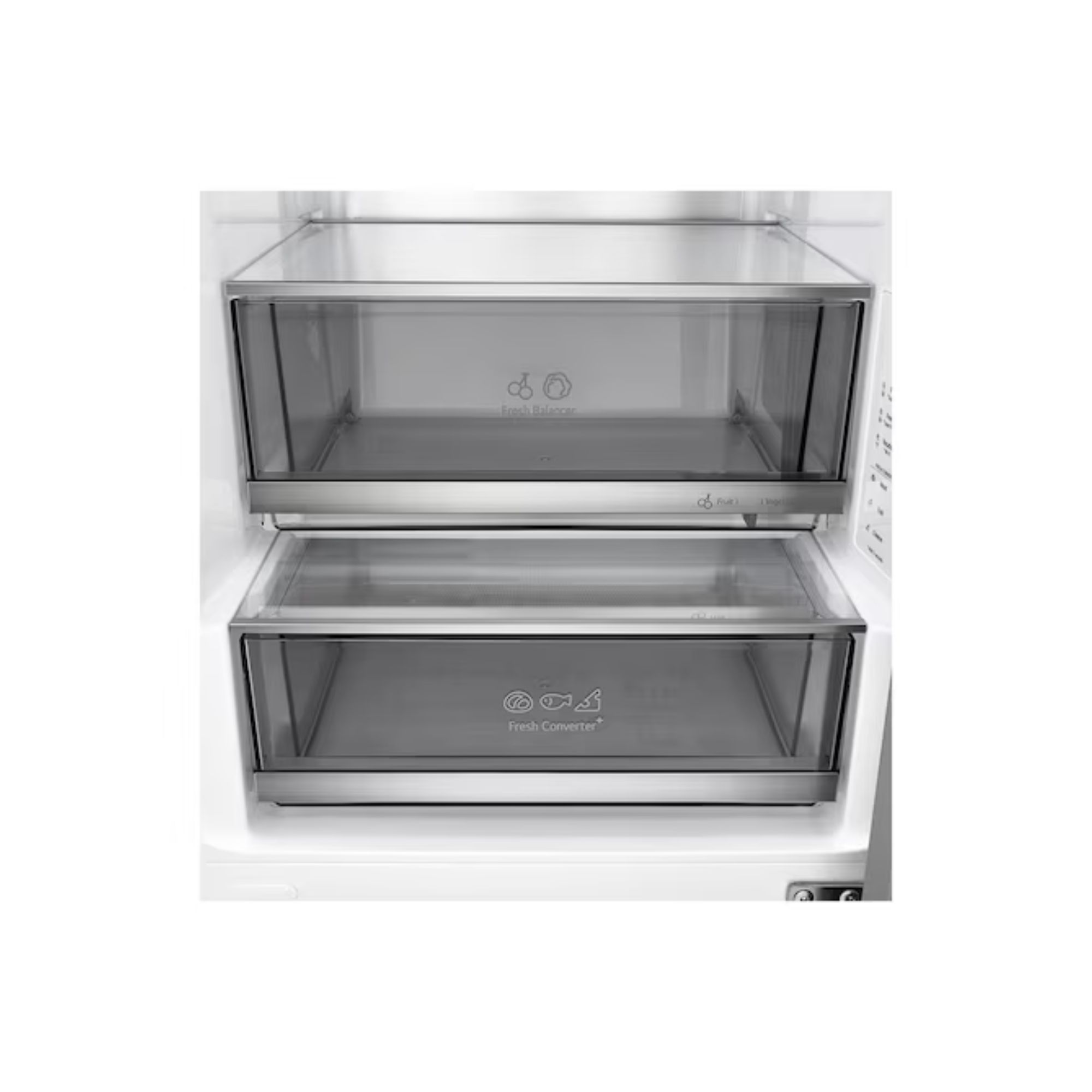 Dos cajones transparentes de refrigerador apilados, con ribete plateado.
