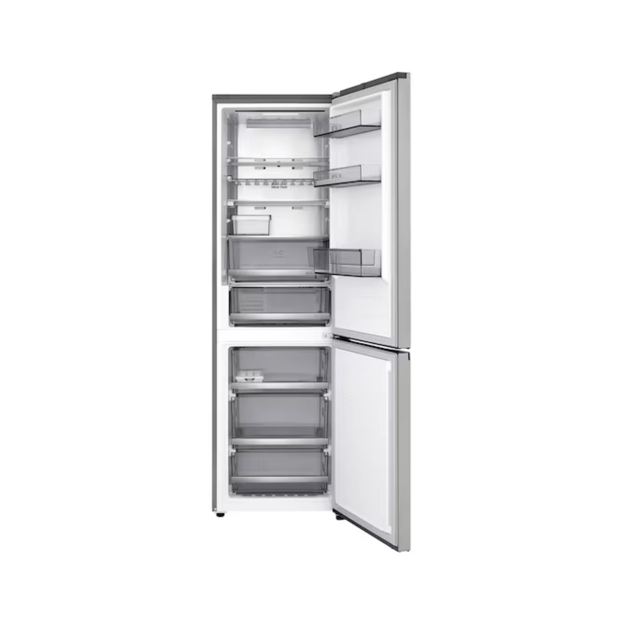 Un refrigerador plateado abierto con varios estantes y cajones transparentes.