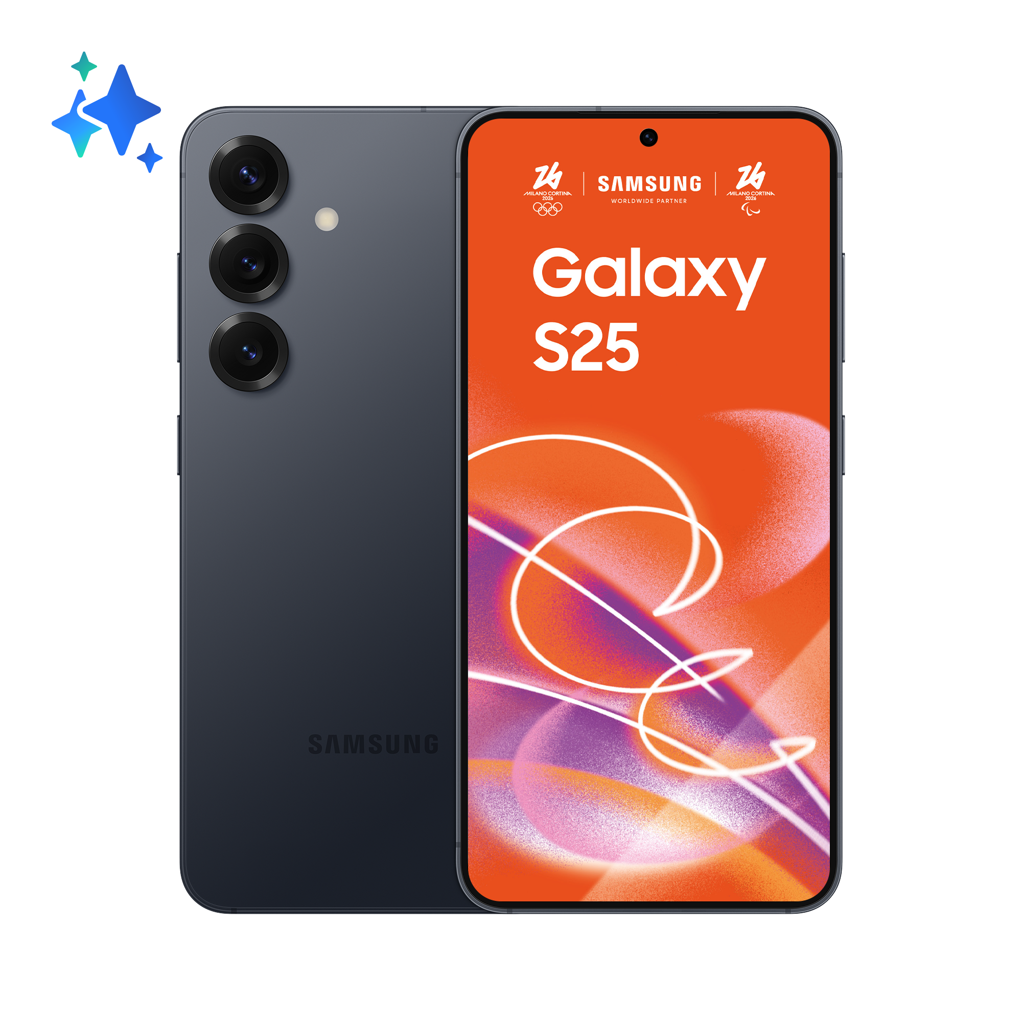Ciemny telefon Samsung Galaxy S25 z trzema aparatami i żywym ekranem.
