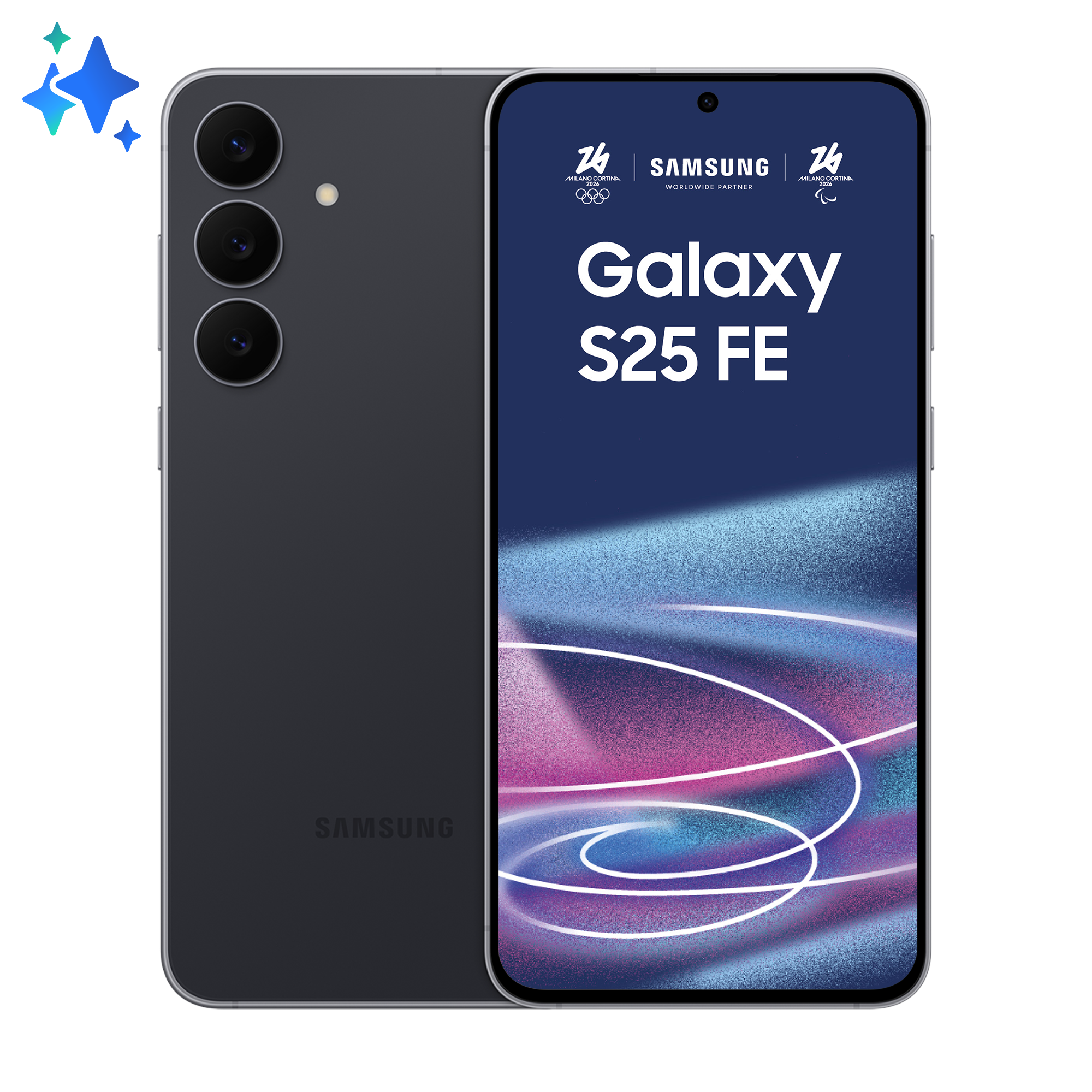 Ciemnoszary Samsung Galaxy S25 FE z 3 aparatami. Ekran pokazuje logo.