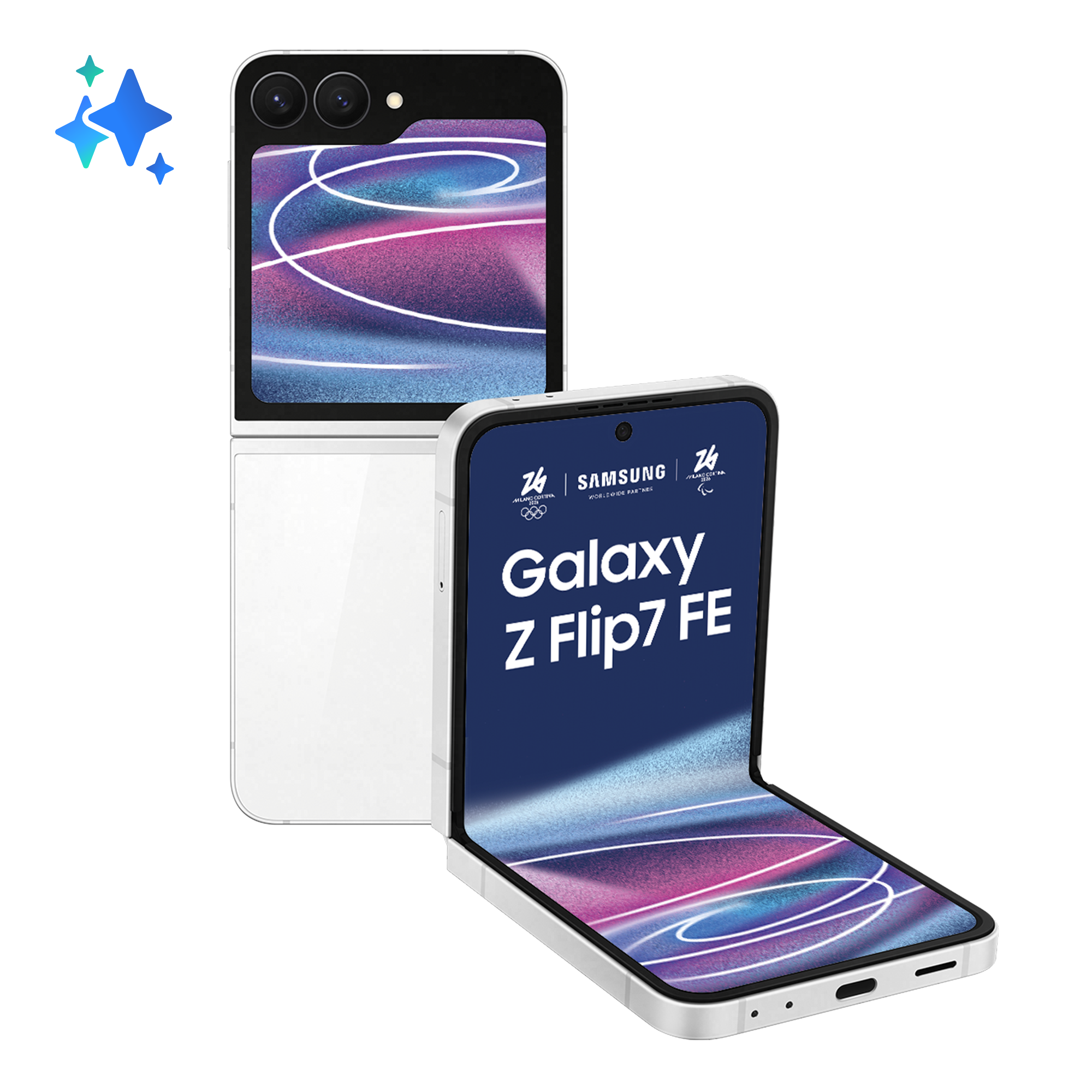 Biały telefon Samsung Galaxy Z Flip7 FE, otwarty, z kolorowym tłem.