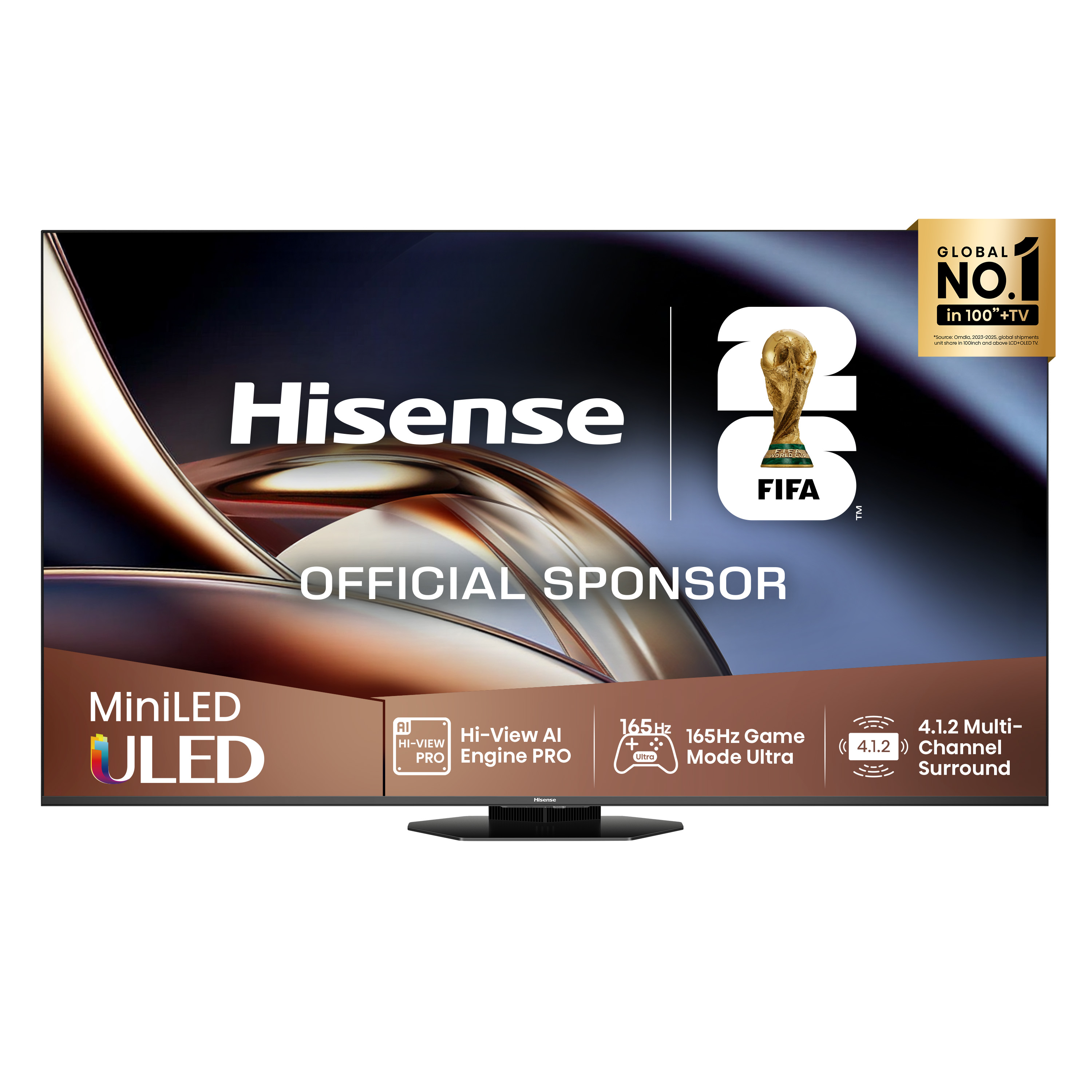 Telewizor Hisense MiniLED ULED z pucharem Mistrzostw Świata FIFA i sloganem 'Global No.1'.