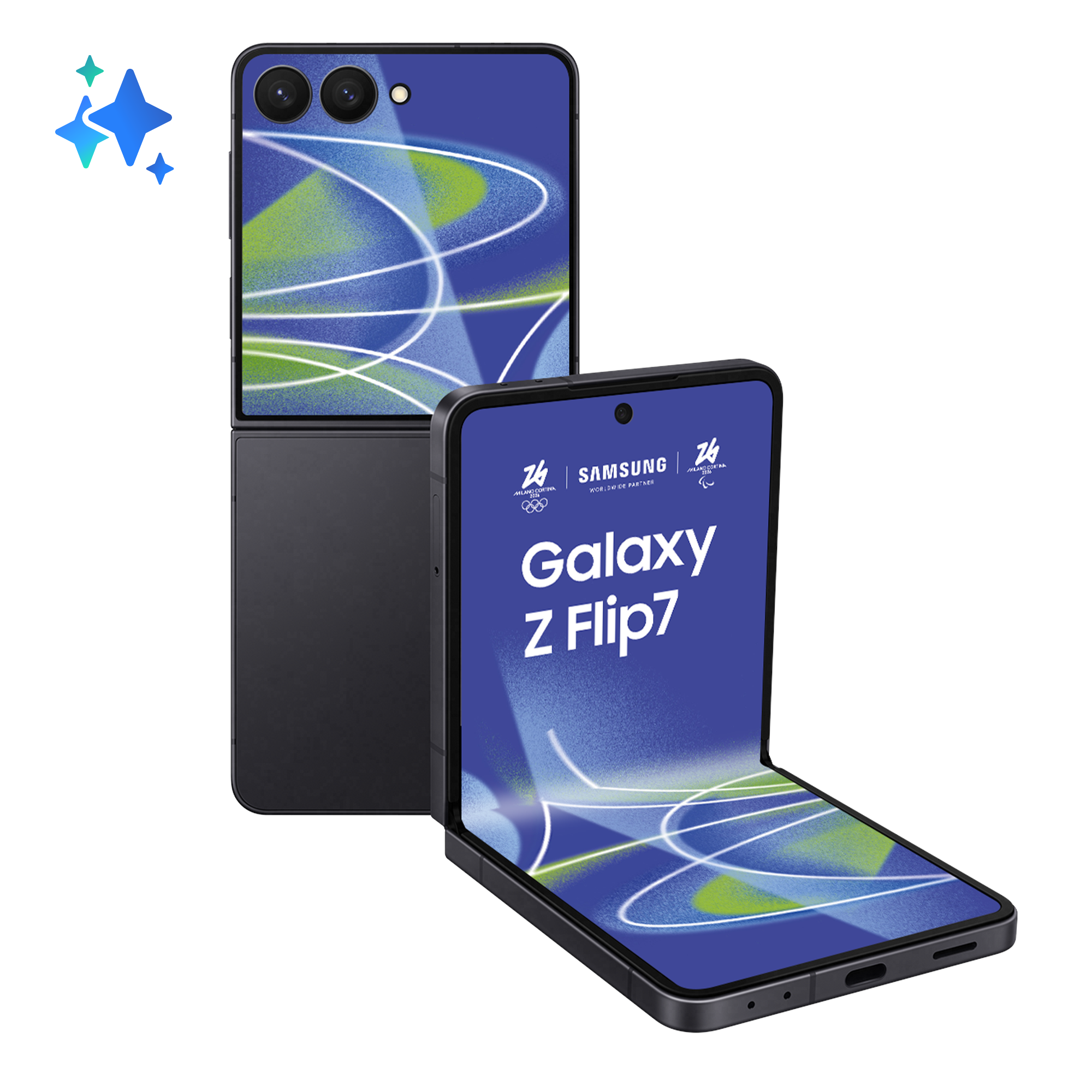 Ein Samsung Galaxy Z Flip7, geöffnet und geschlossen, mit blauem Hintergrund und grünen Akzenten.