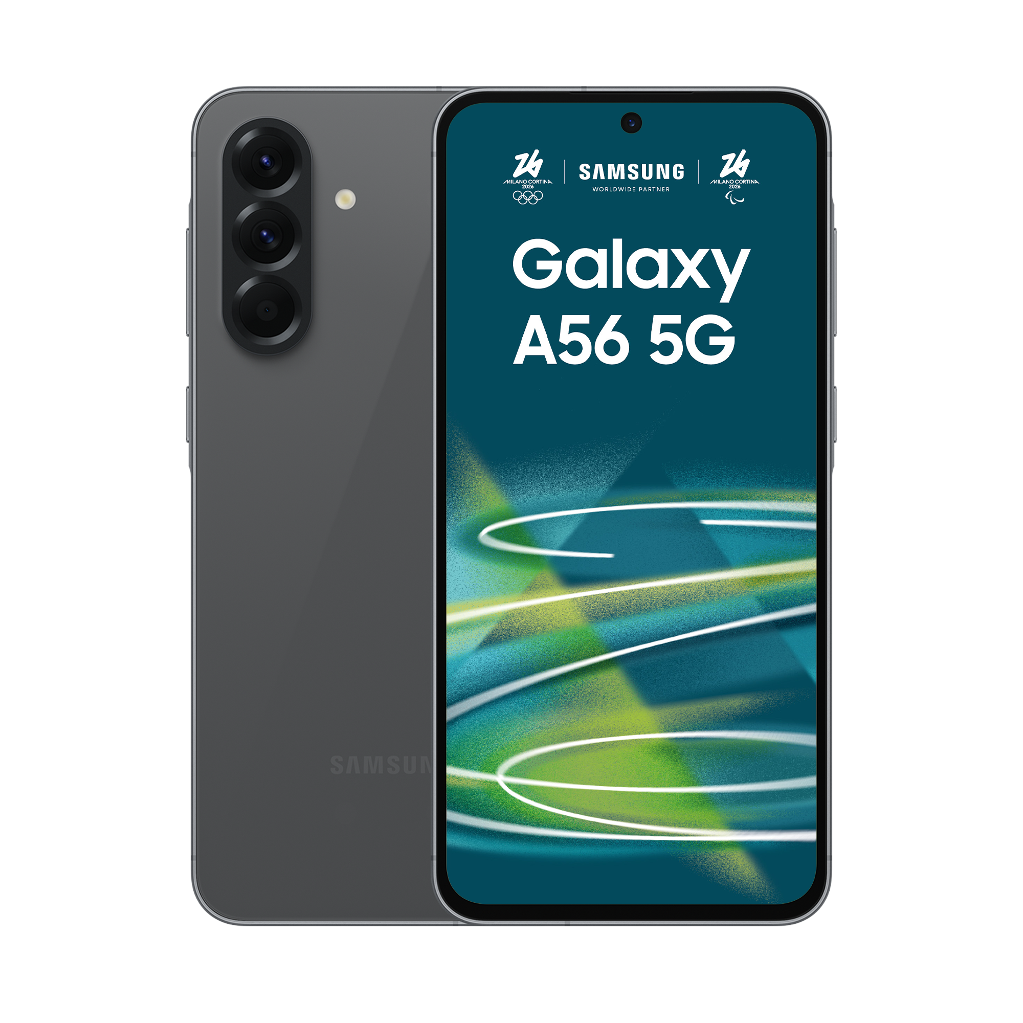 Szary Samsung Galaxy A56 5G z trzema aparatami i logo Milano Cortina 2026.