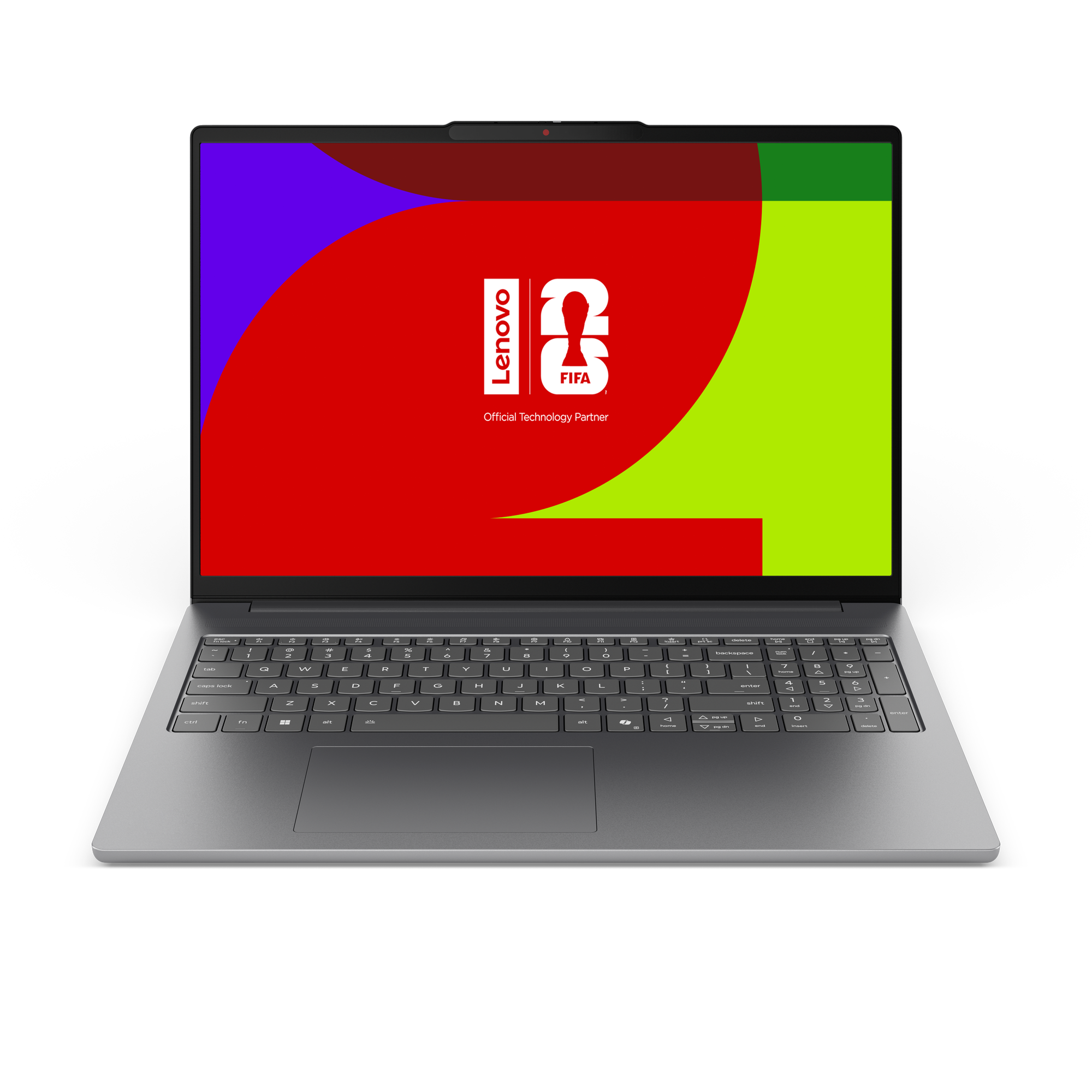 Ein silberner Laptop mit einem bunten Lenovo & FIFA-Logo auf dem Bildschirm.