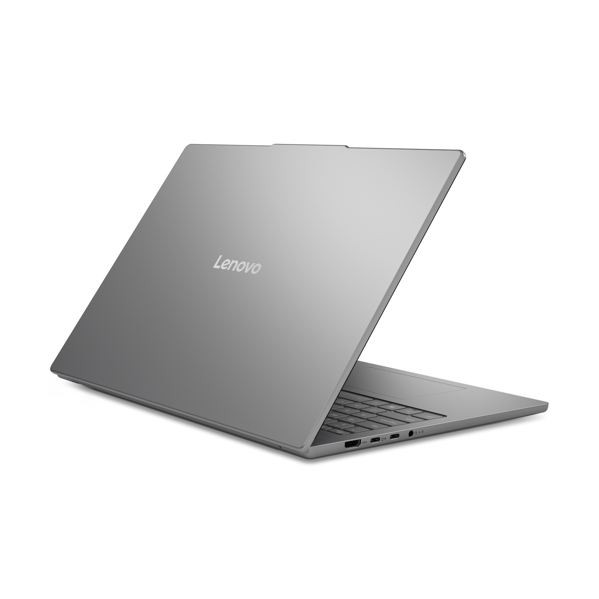 Ein silberner Lenovo Laptop ist geöffnet und zeigt die Tastatur und Anschlüsse.