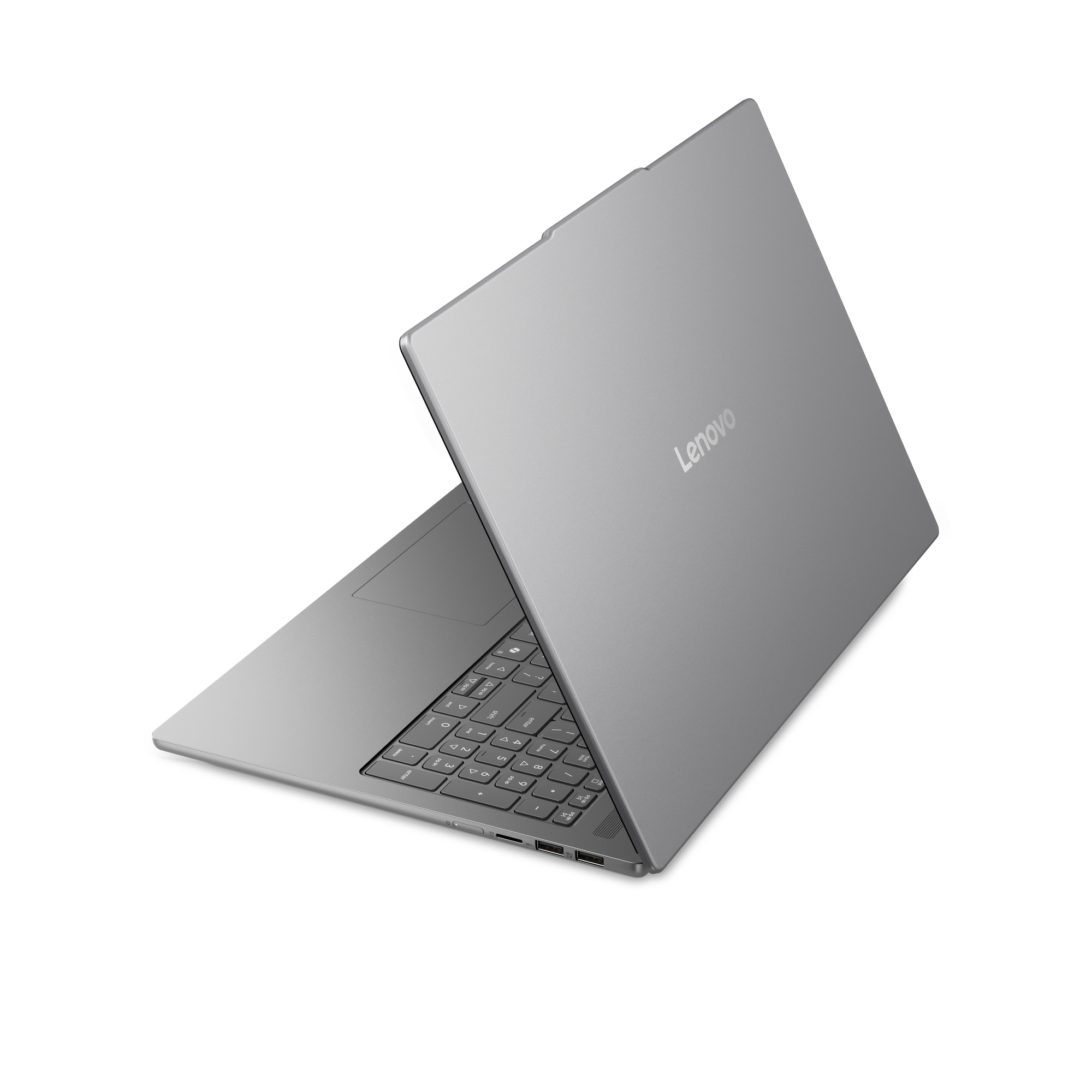 Ein silberner Lenovo Laptop mit Tastatur und Anschlüssen auf schwarzem Hintergrund.