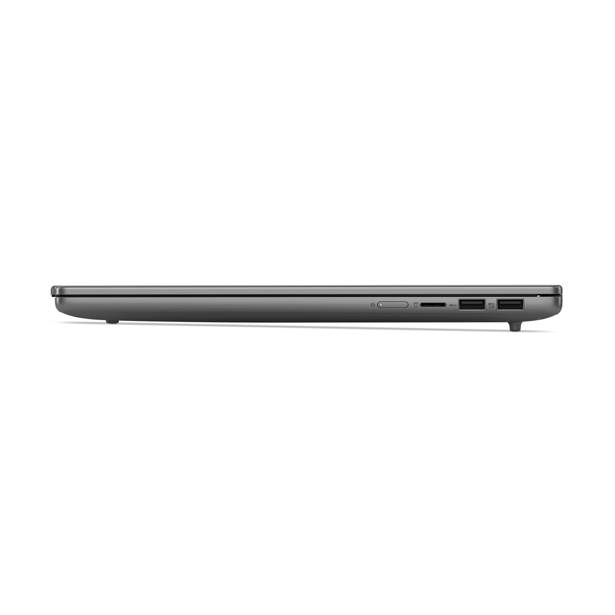 Seitenansicht eines silbernen Laptops mit Anschlüssen: SD-Karte, Ein-/Aus-Taste, USB-A.
