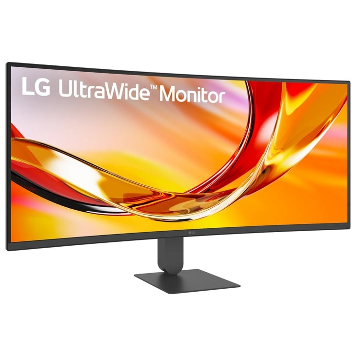 LG UltraWide Monitor mit gekrümmtem Bildschirm, der ein farbenfrohes abstraktes Bild zeigt.