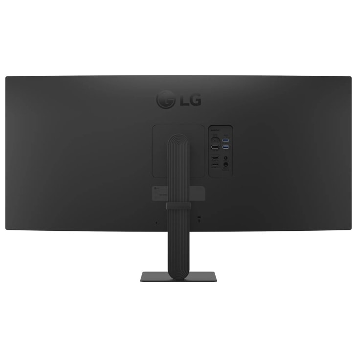 Rückseite eines schwarzen LG Monitors mit Anschlüssen und Ständer.