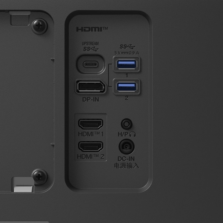 Anschlussfeld mit USB-A, USB-C, DP-In, 2x HDMI, Kopfhörer- und DC-In Anschlüssen.