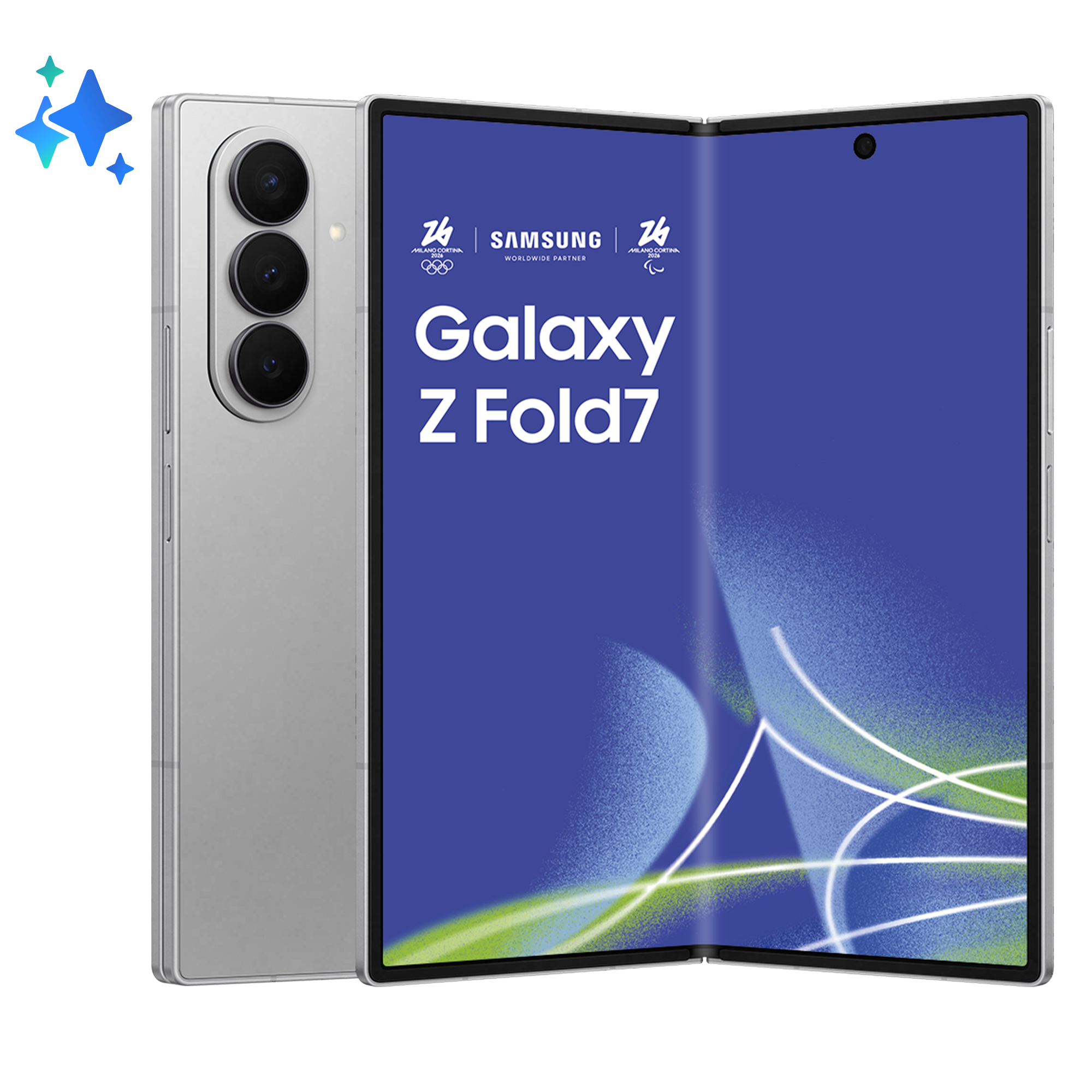 Srebrny telefon Samsung Galaxy Z Fold7, złożony, z logo olimpijskim.
