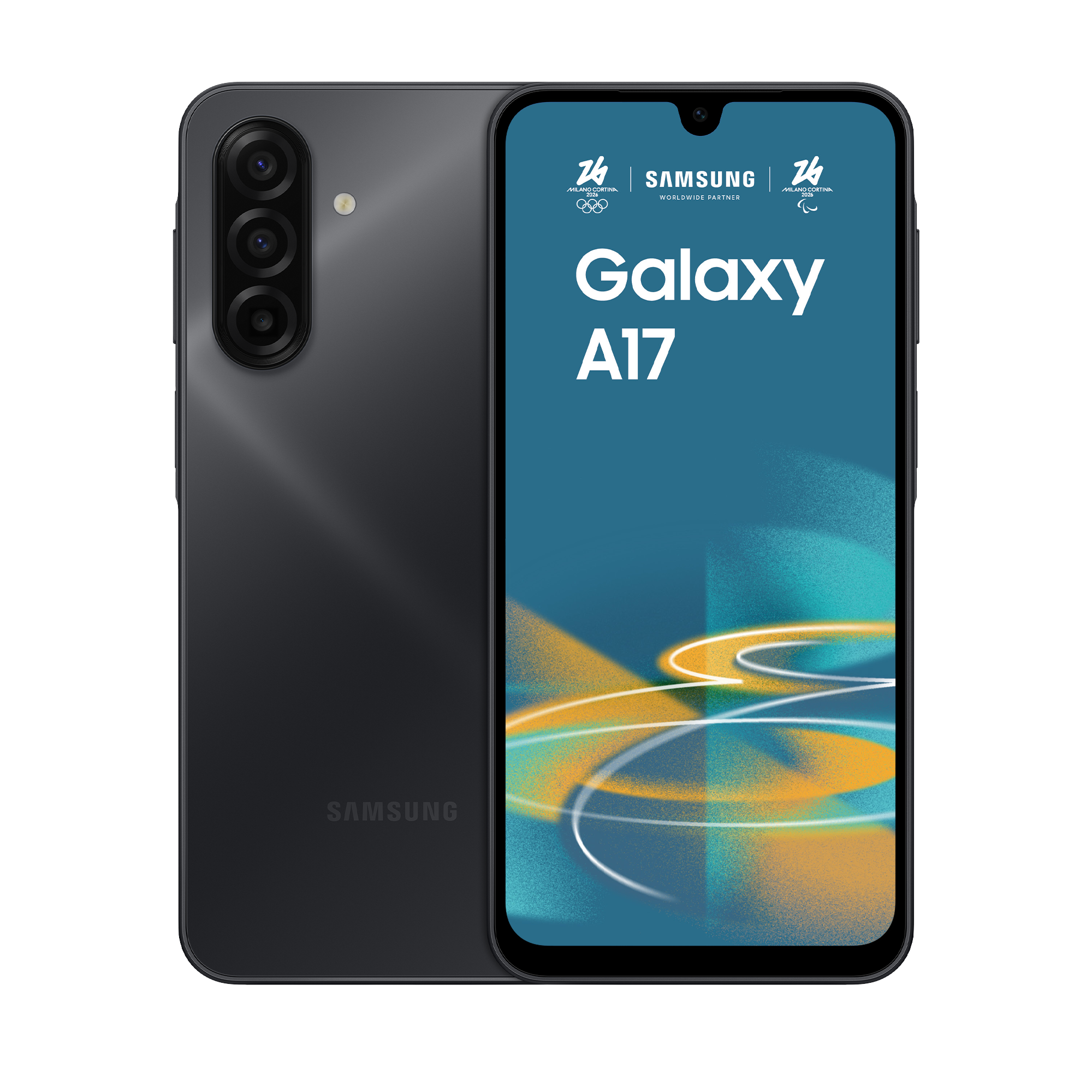 Ein dunkles Samsung Galaxy A17 Smartphone mit drei Kameras auf der Rückseite.