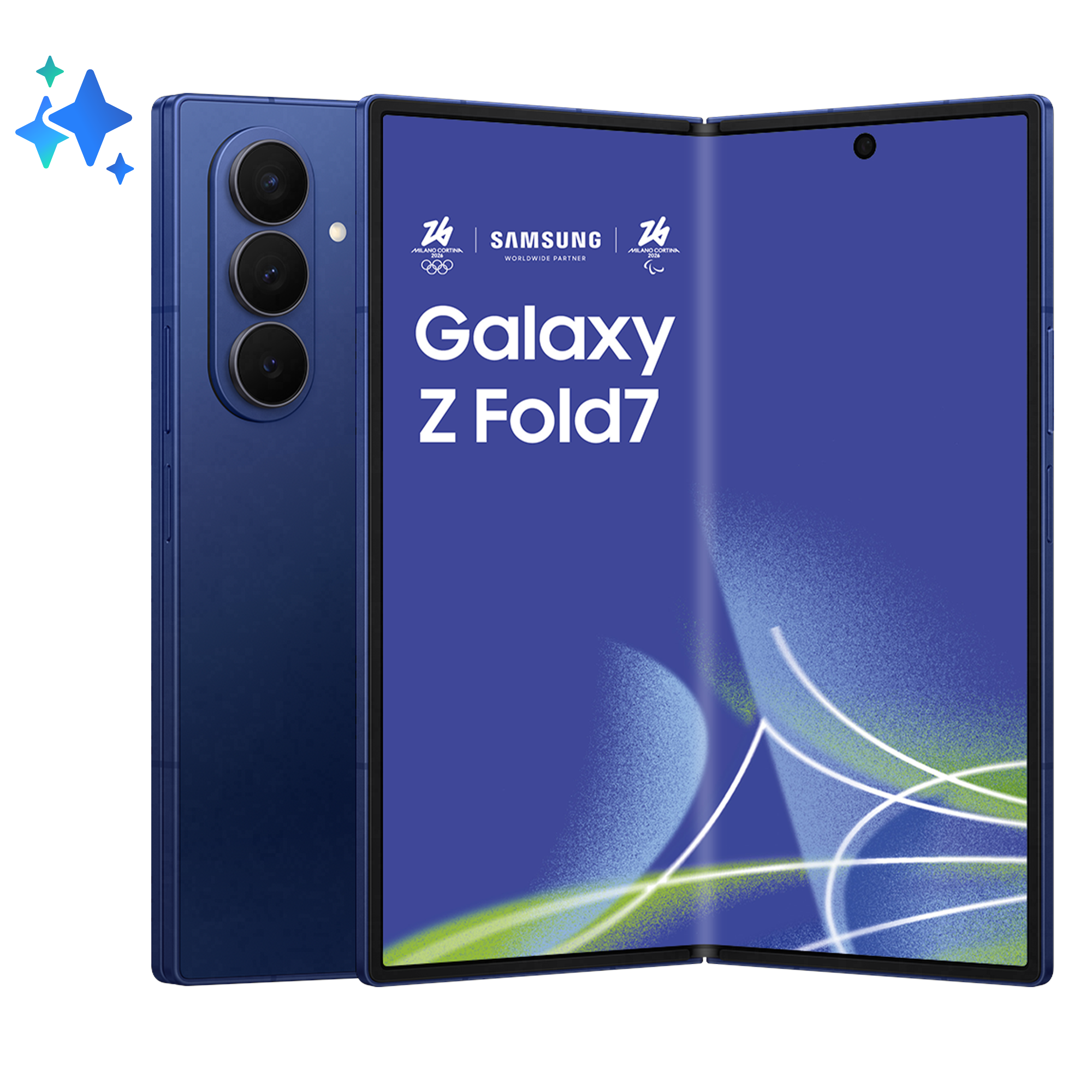 Niebieski składany Samsung Galaxy Z Fold7 z logotypami Milano Cortina 2024.