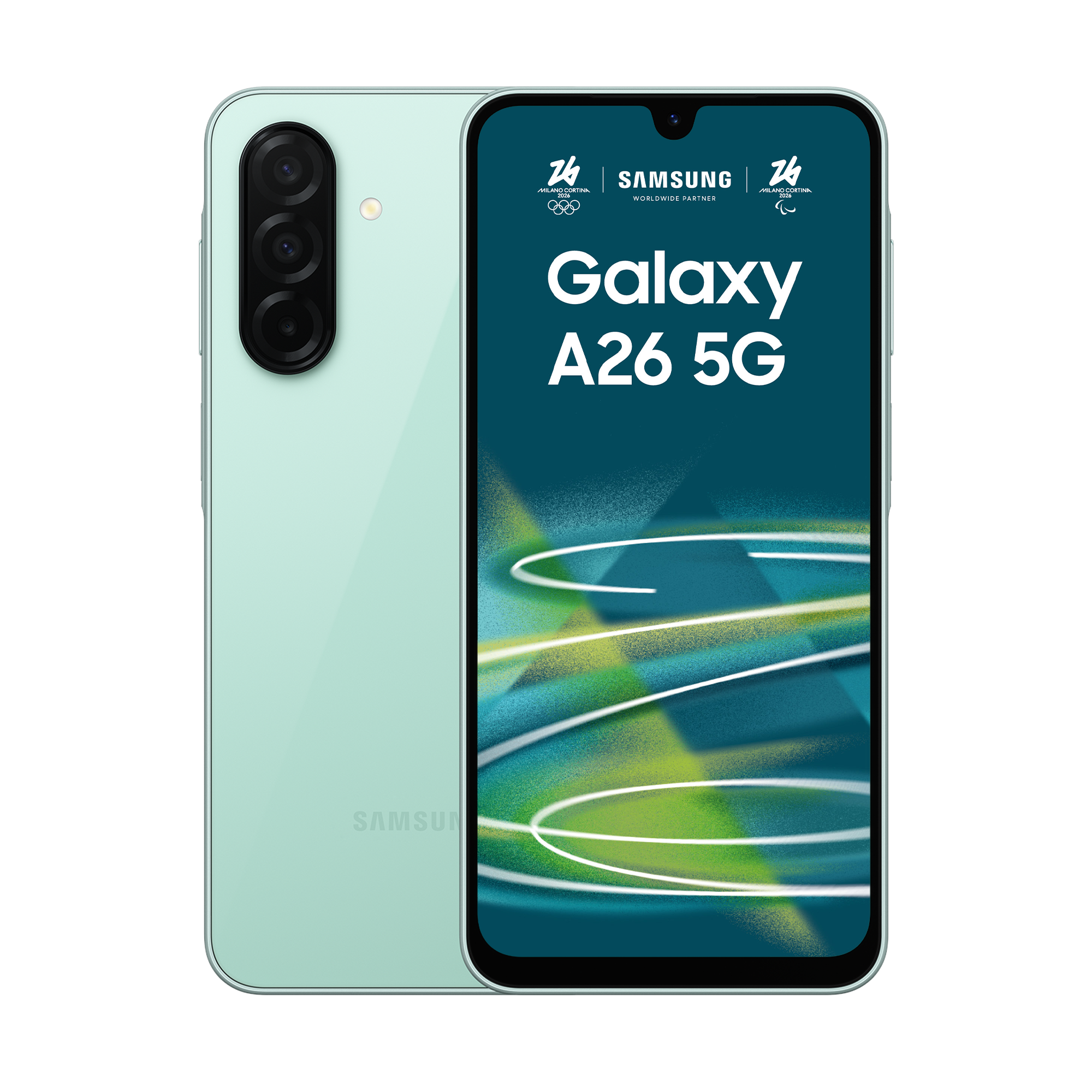 Miętowo-zielony telefon Samsung Galaxy A26 5G z potrójnym aparatem z tyłu.
