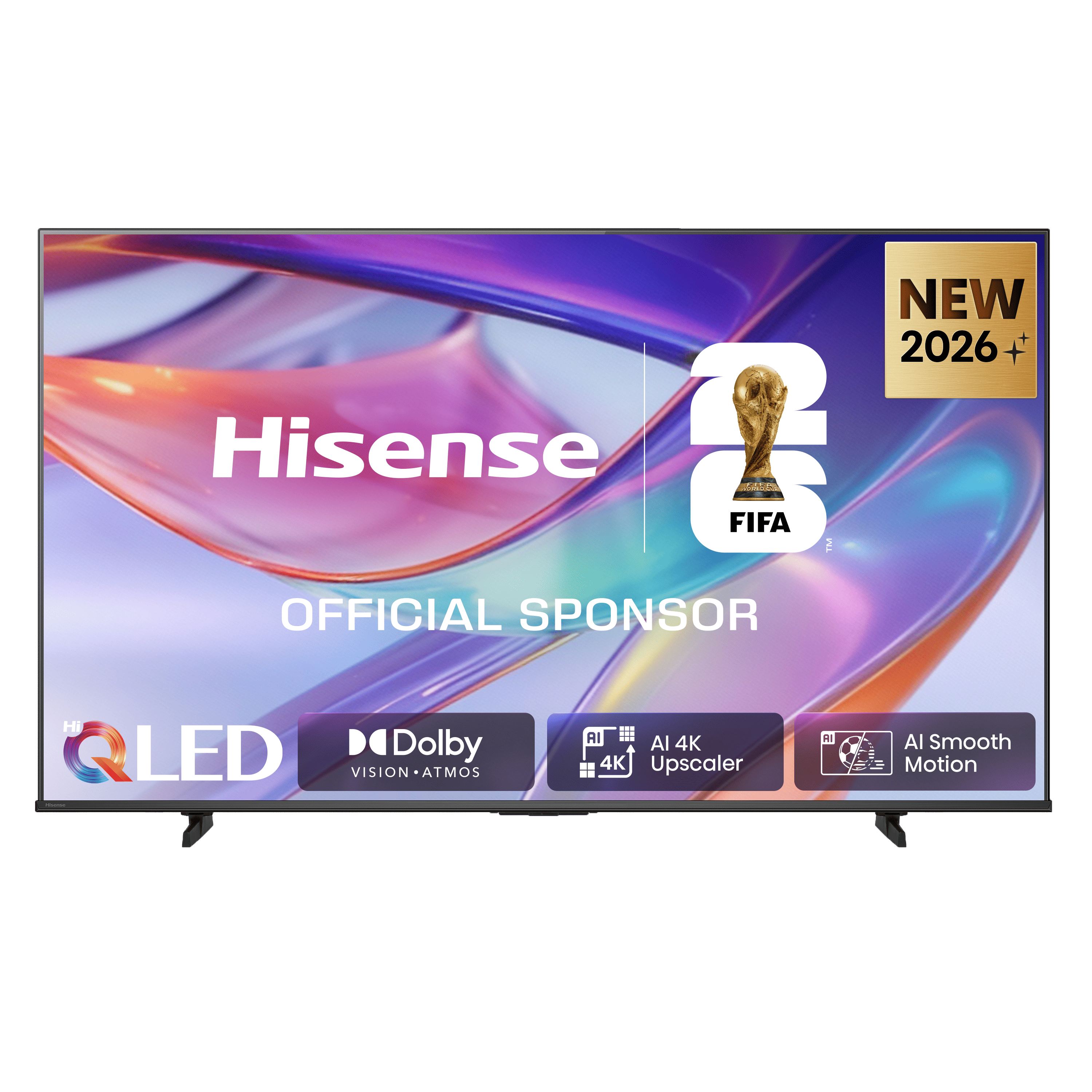 Telewizor Hisense QLED wyświetla logo Mistrzostw Świata FIFA i napis 'New 2026'.