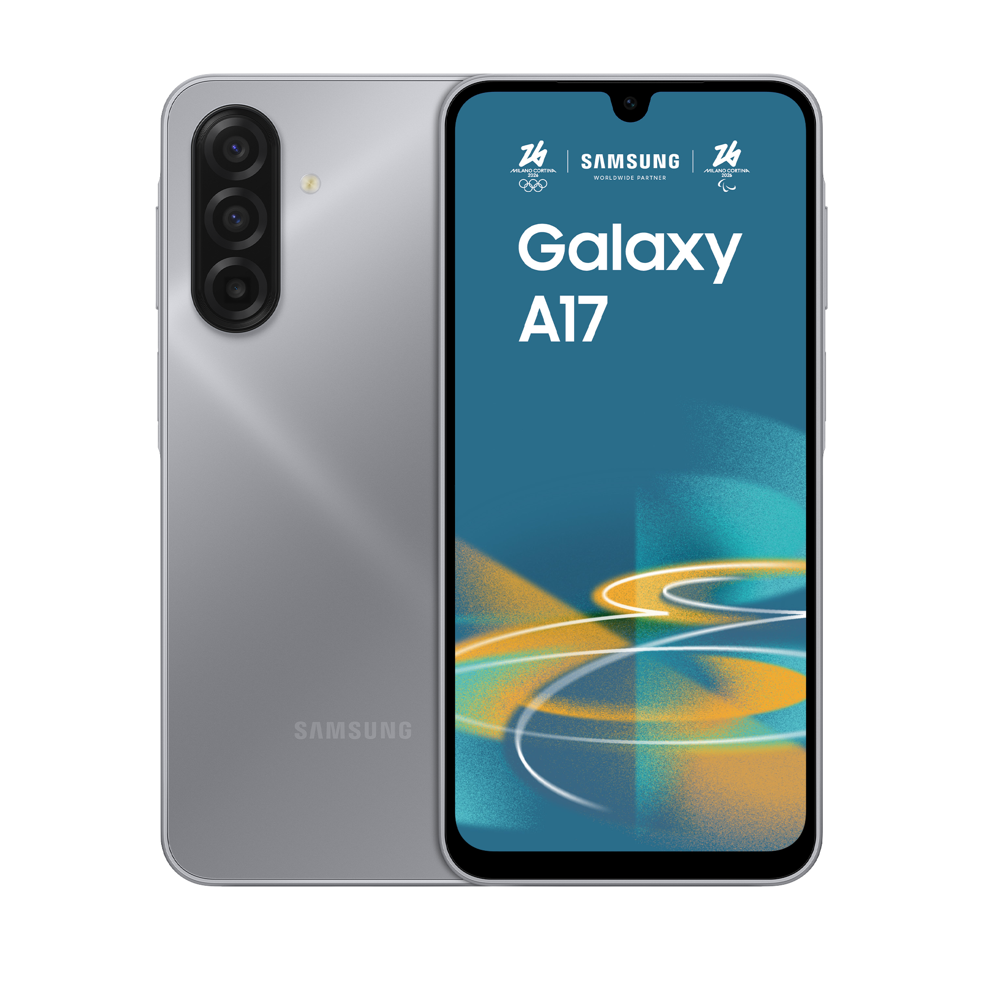 Srebrny smartfon Samsung Galaxy A17 z potrójnym aparatem. Na ekranie widnieją logo.