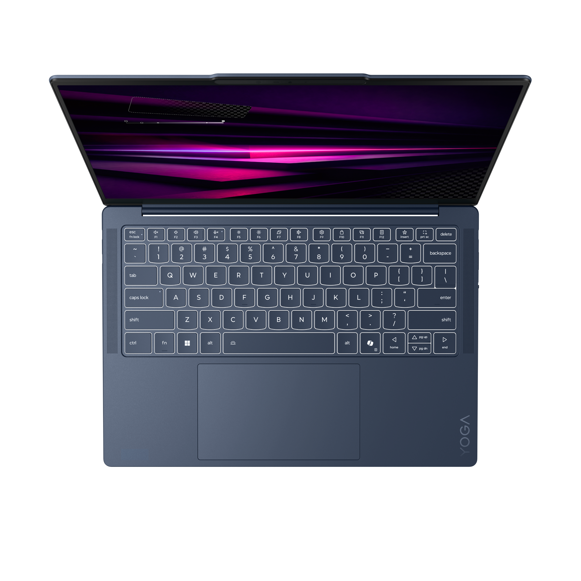 Ein geöffneter blauer Laptop mit einem lila und rosa gemusterten Bildschirm im Dunkeln.