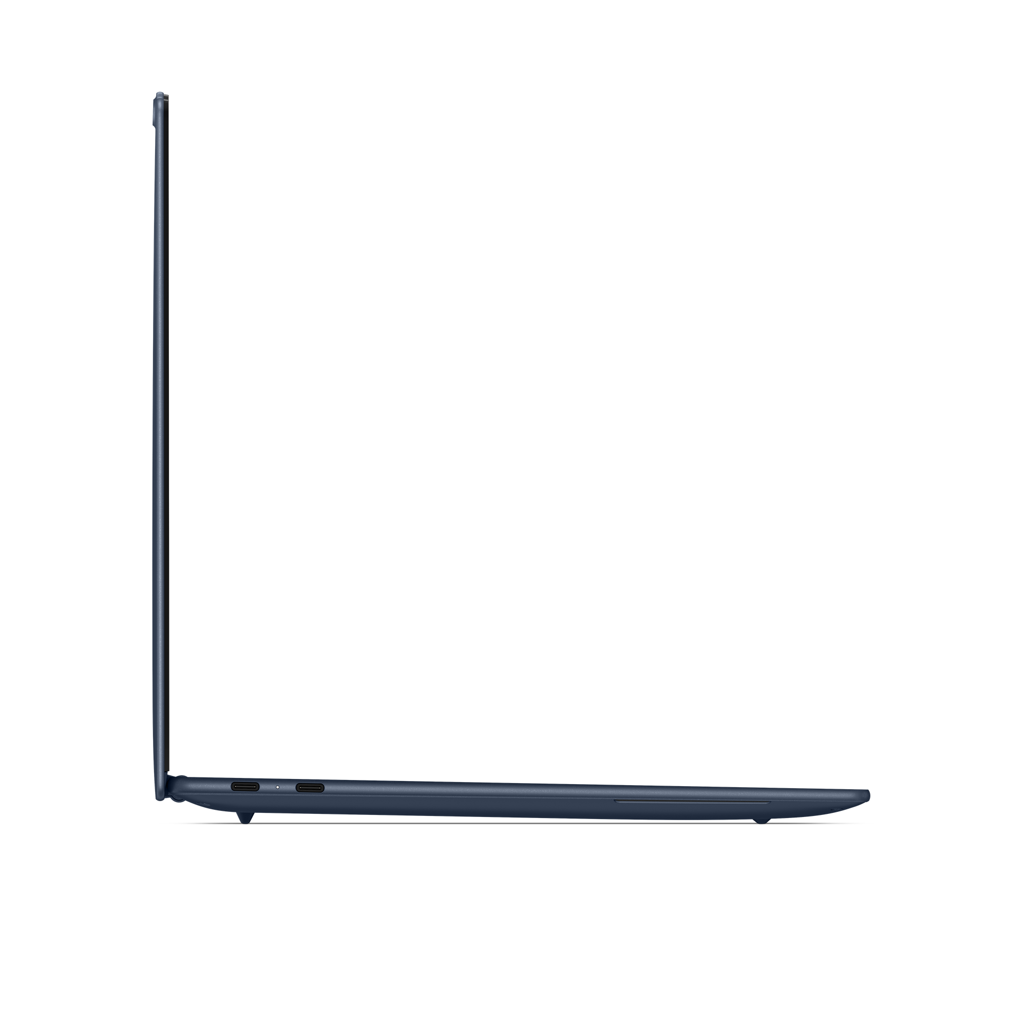 Dunkelblaues Laptop im Profil mit zwei USB-C-Anschlüssen an der Seite.