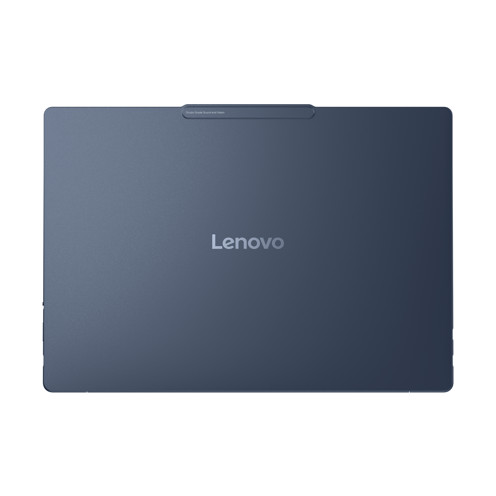 Eine blaue Lenovo-Tafel mit einem schmalen, länglichen Schlitz an der Oberkante.