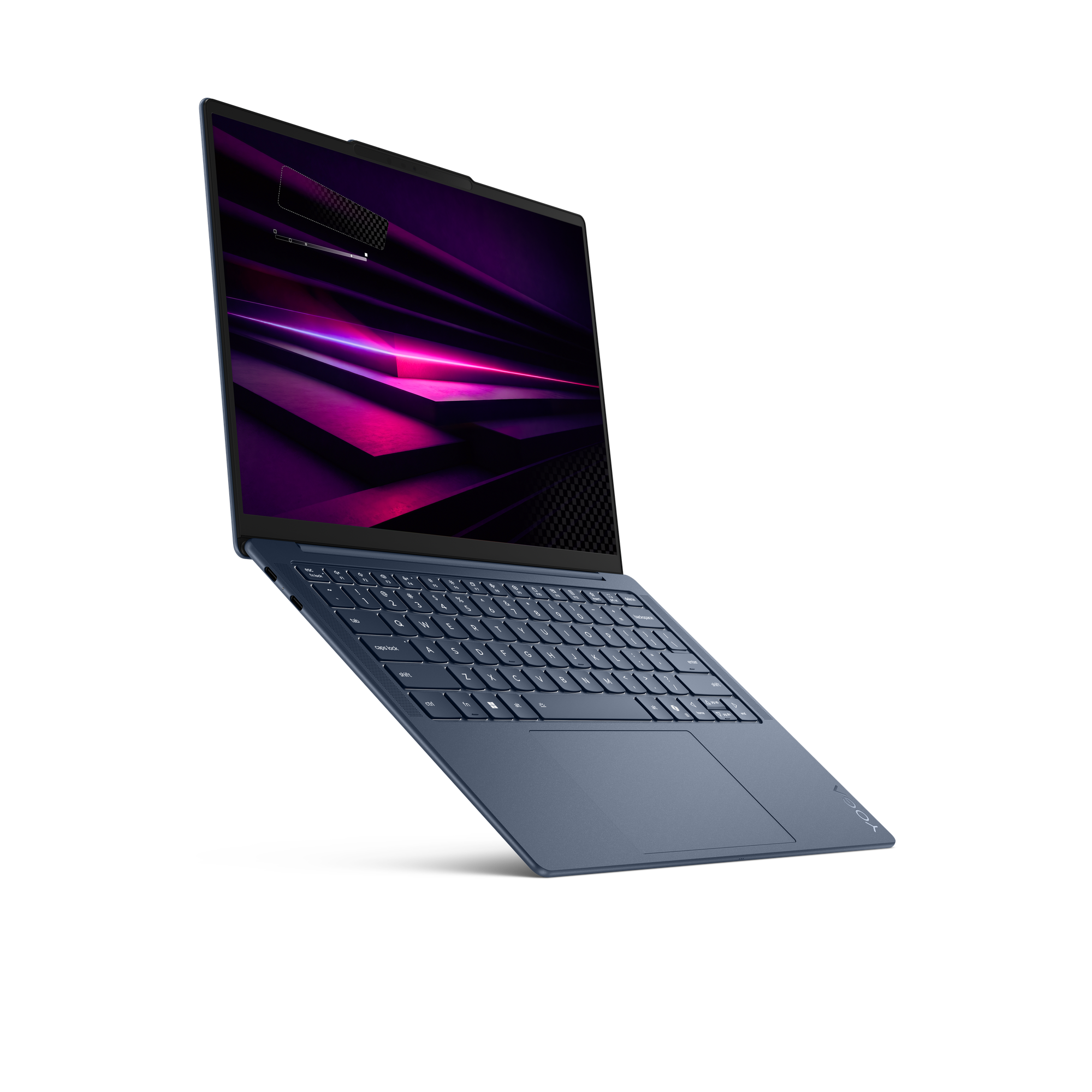 Ein schlankes, blaues Laptop mit einem abstrakten, violetten und pinken Hintergrund.