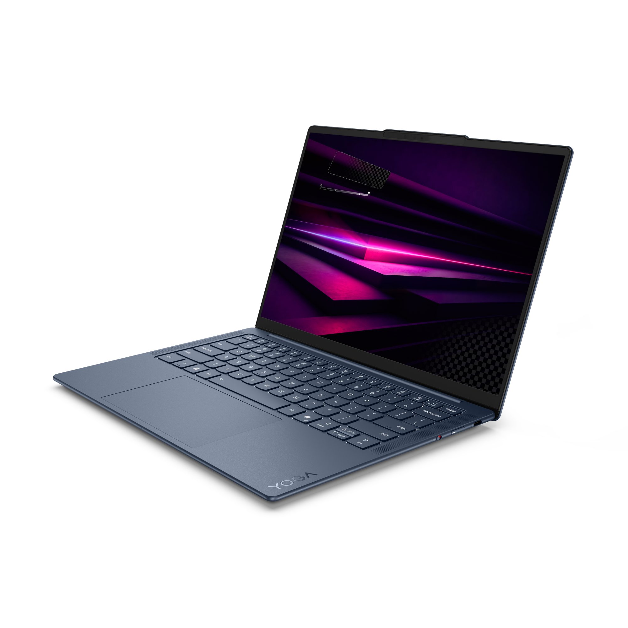 Ein blauer Laptop mit beleuchteter Tastatur und lila abstraktem Hintergrund.