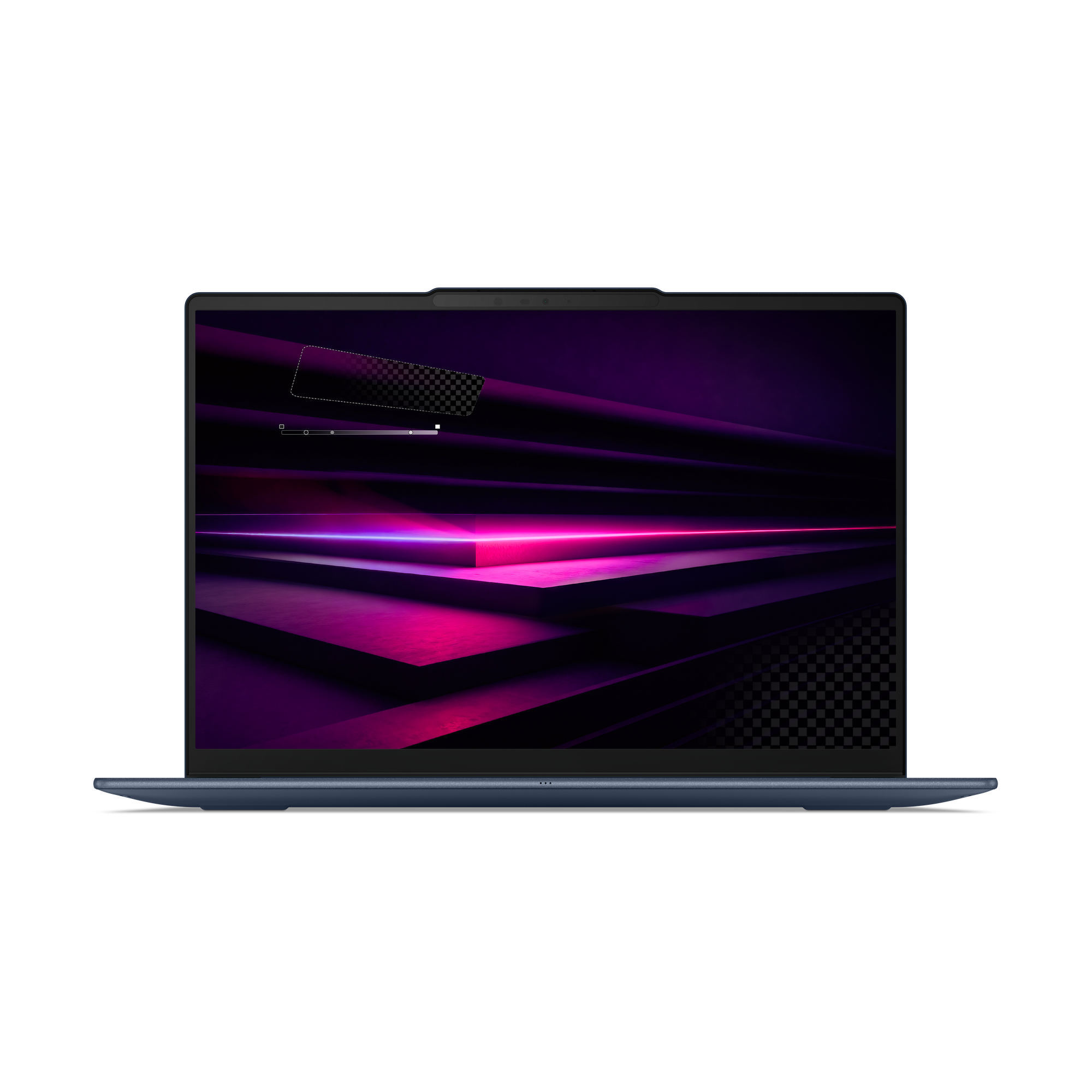 Ein dunkelblaues Laptop mit einem lila und rosa abstrakten Hintergrund auf dem Bildschirm.