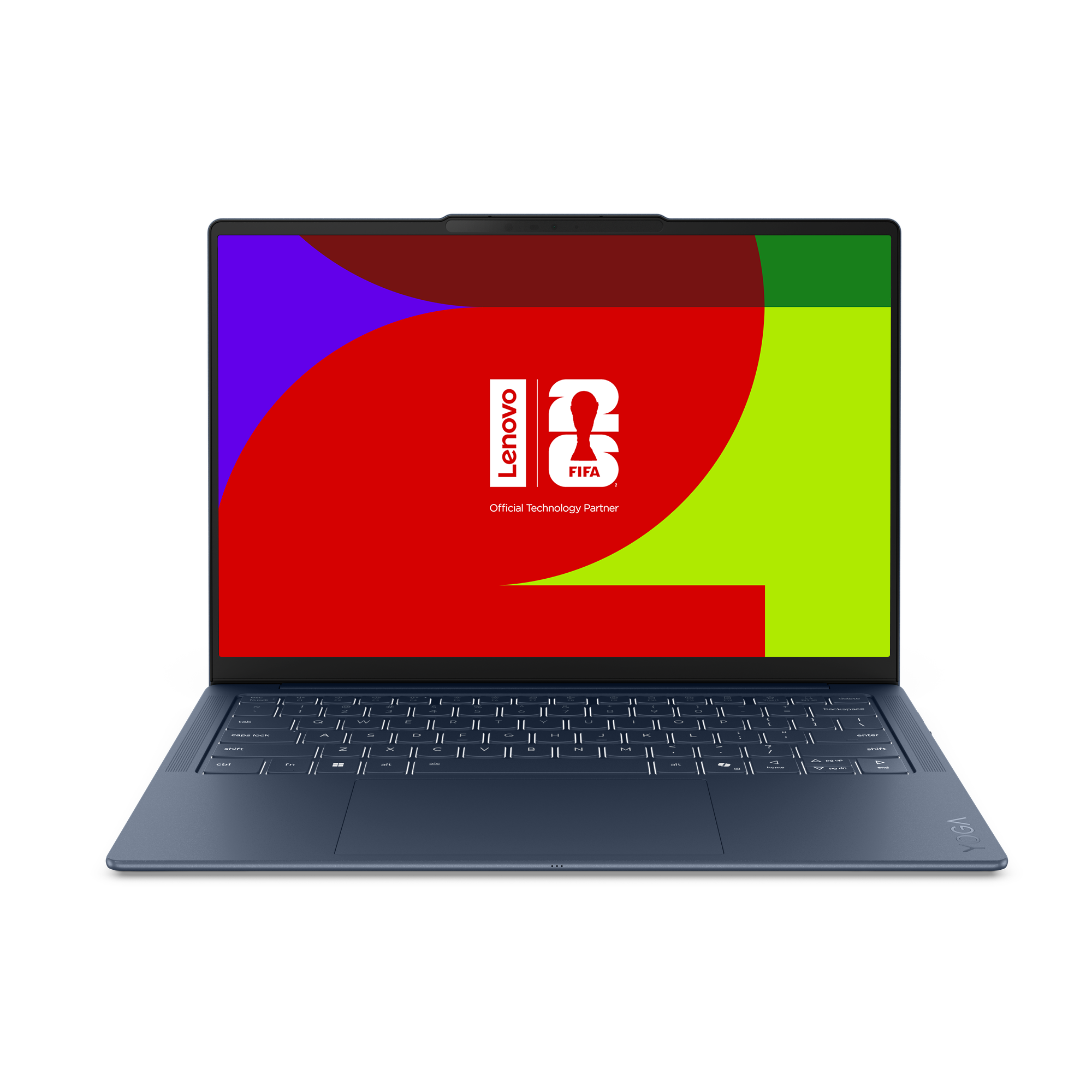Ein dunkelblauer Lenovo Laptop mit einem bunten Hintergrund und FIFA-Logo.