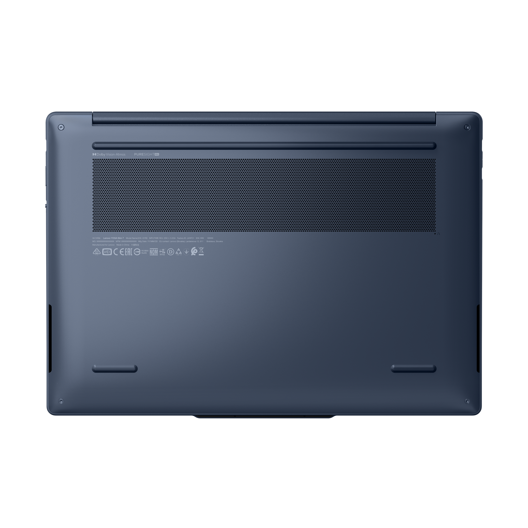 Unterseite eines blauen Laptops mit Lüftungsgitter und Kennzeichnungen.