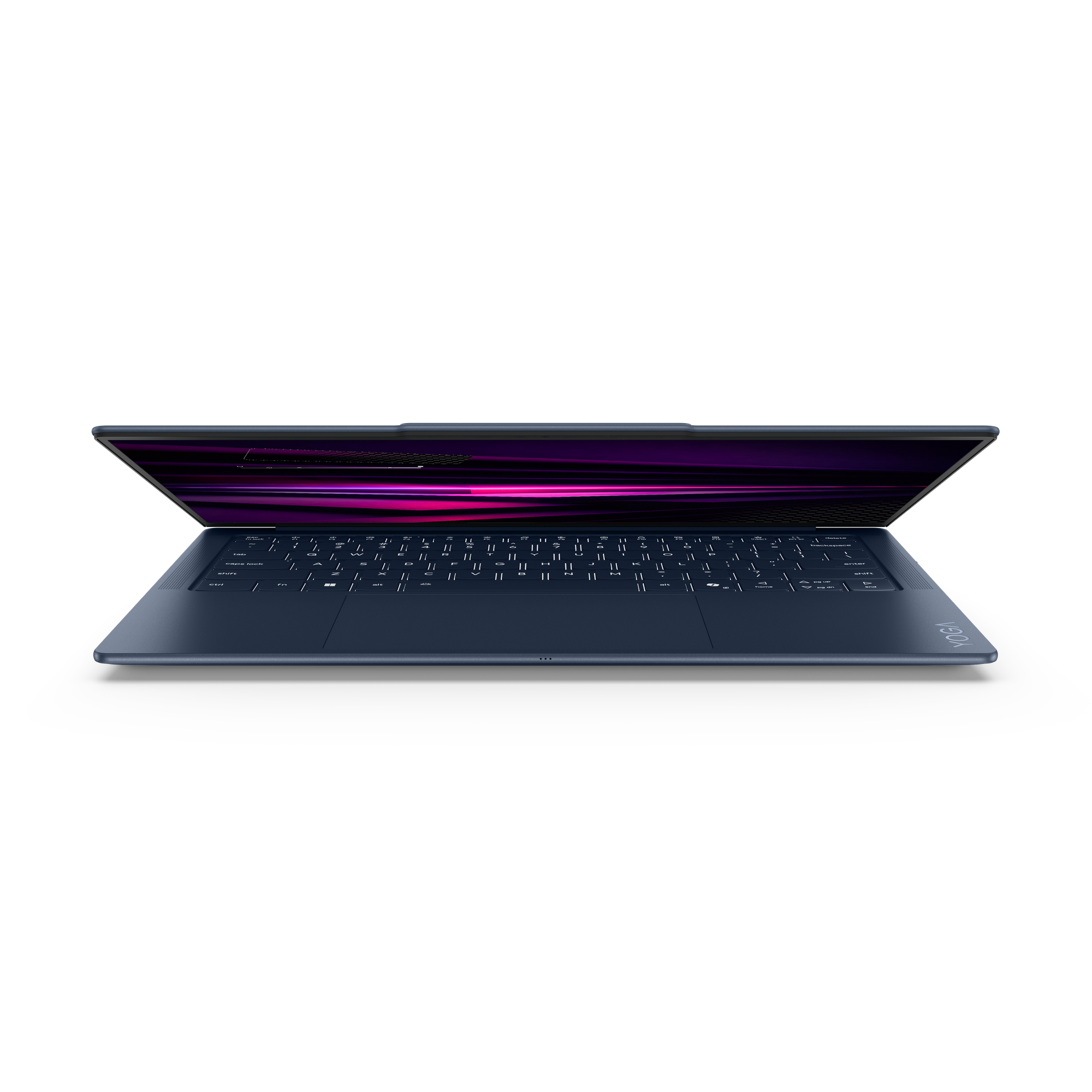 Dunkelblauer Laptop mit geöffnetem Bildschirm, Tastatur und Touchpad.