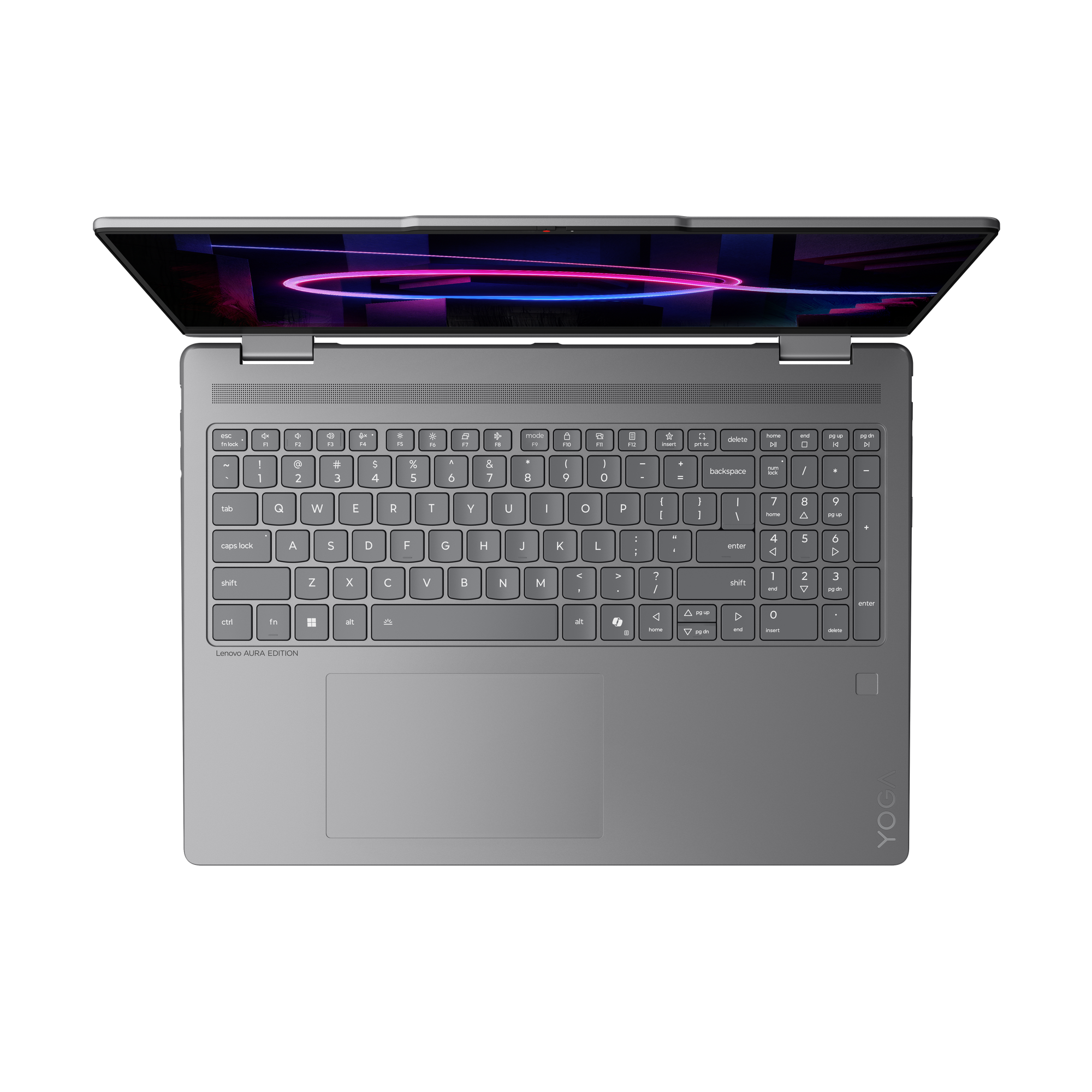 Ein silberner Laptop mit geöffnetem Bildschirm, der ein abstraktes Muster zeigt.