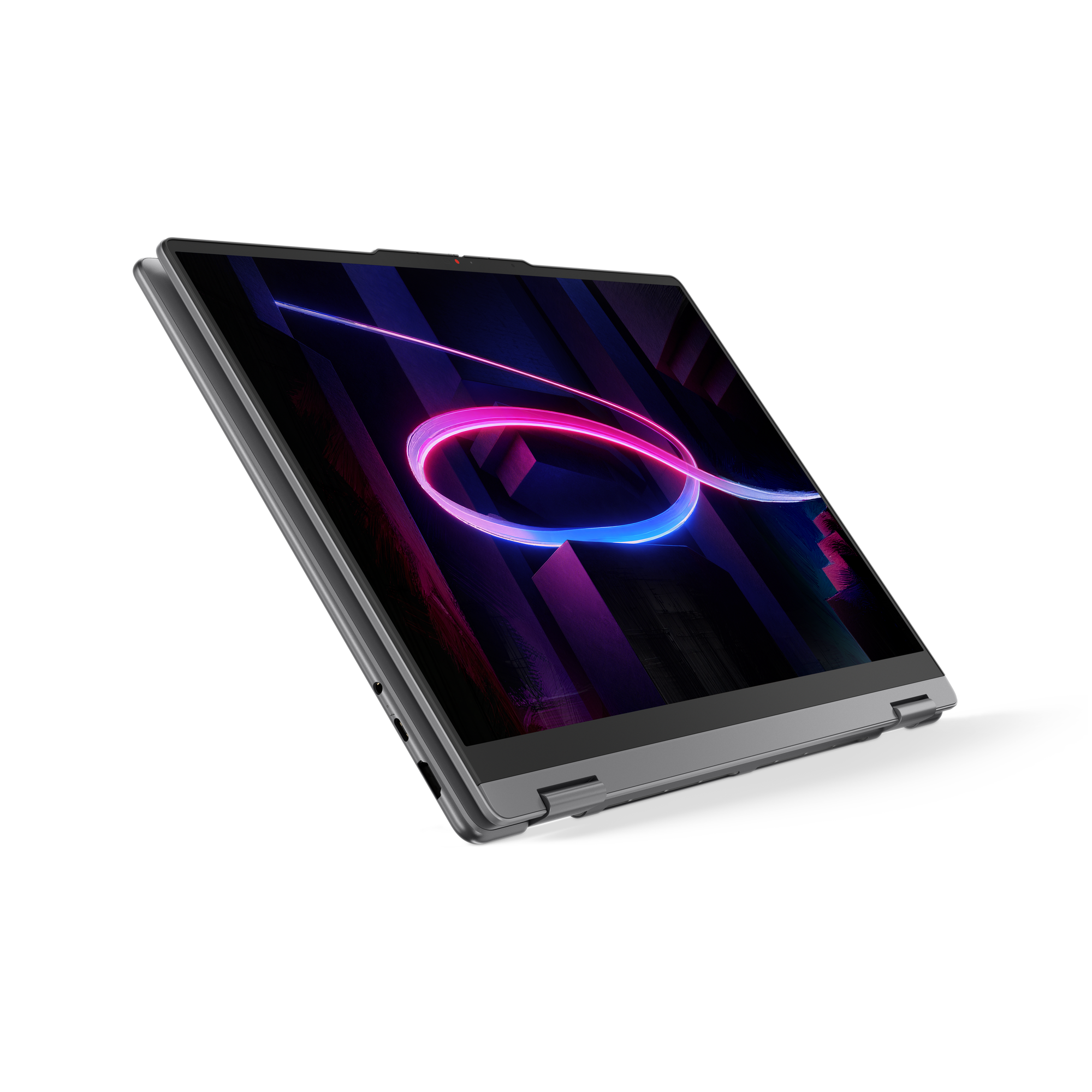 Ein Laptop mit einem abstrakten, neonfarbenen Muster auf dem Bildschirm.