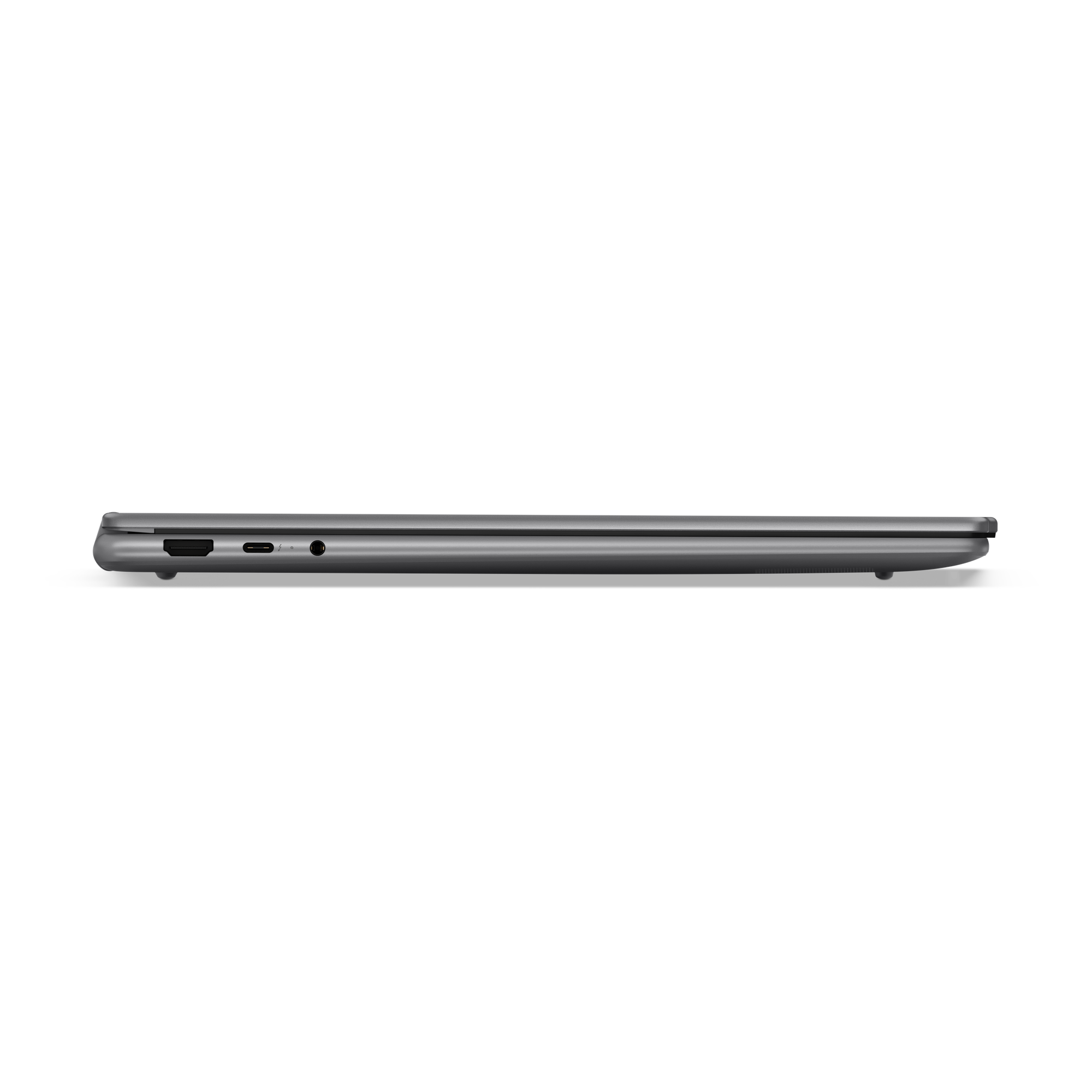 Seitenansicht eines geschlossenen grauen Laptops mit Anschlüssen: HDMI, USB-C, Audiobuchse.