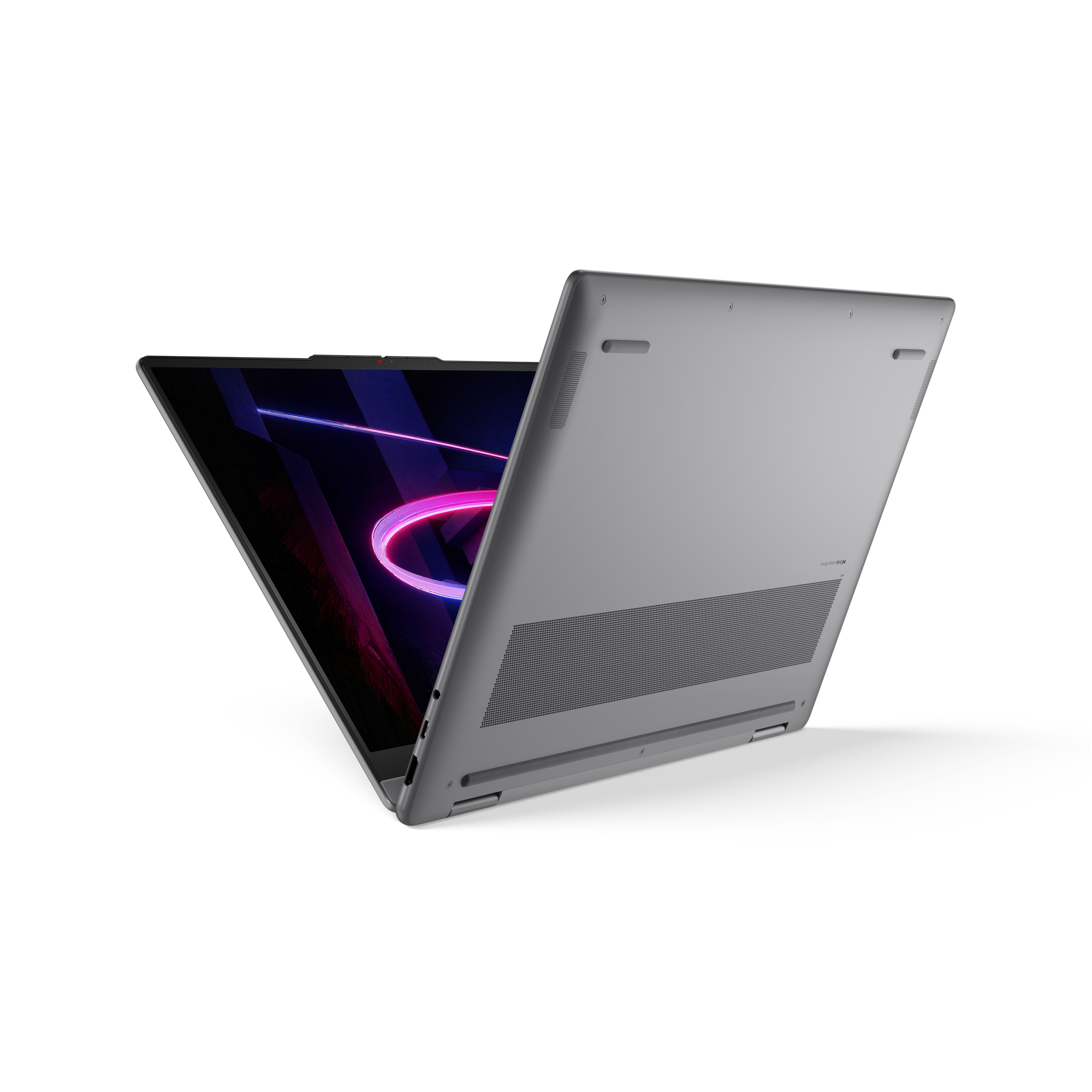 Ein geöffneter silberner Laptop mit einem abstrakten, neonfarbenen Design auf dem Bildschirm.