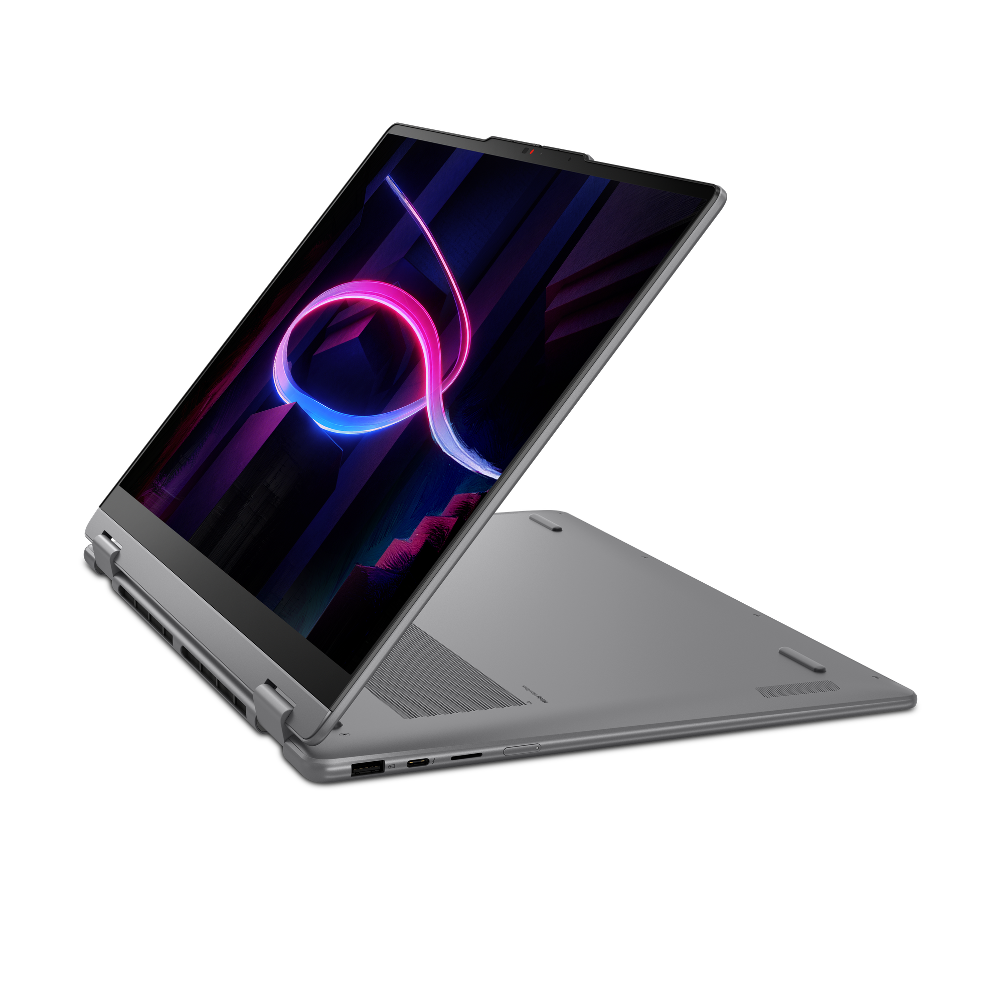Ein silberner Laptop mit aufgeschlagenem Bildschirm, der ein neonfarbenes Muster zeigt.