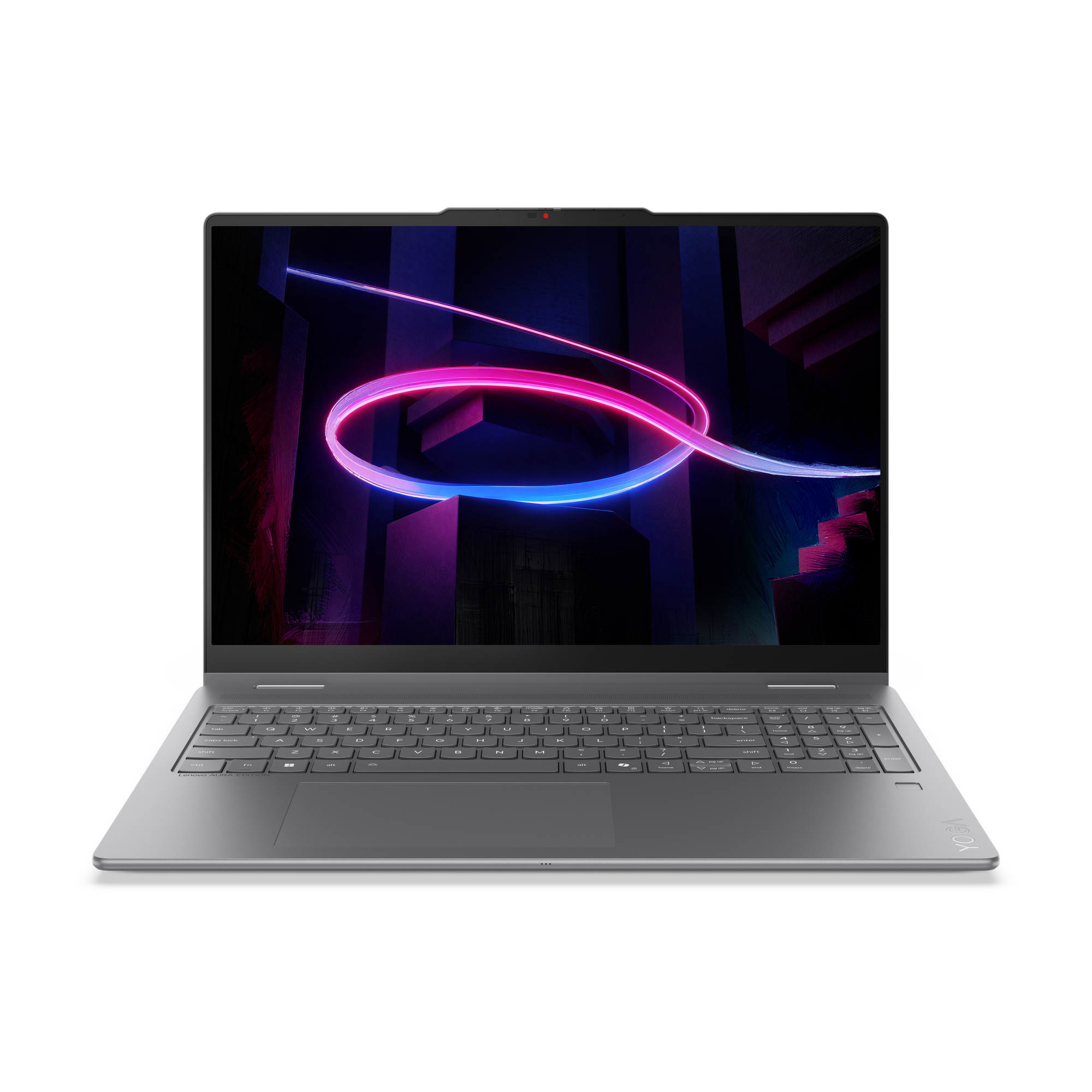Ein silberner Laptop mit einer Tastatur und einem Bildschirm mit Neonlicht-Grafik.