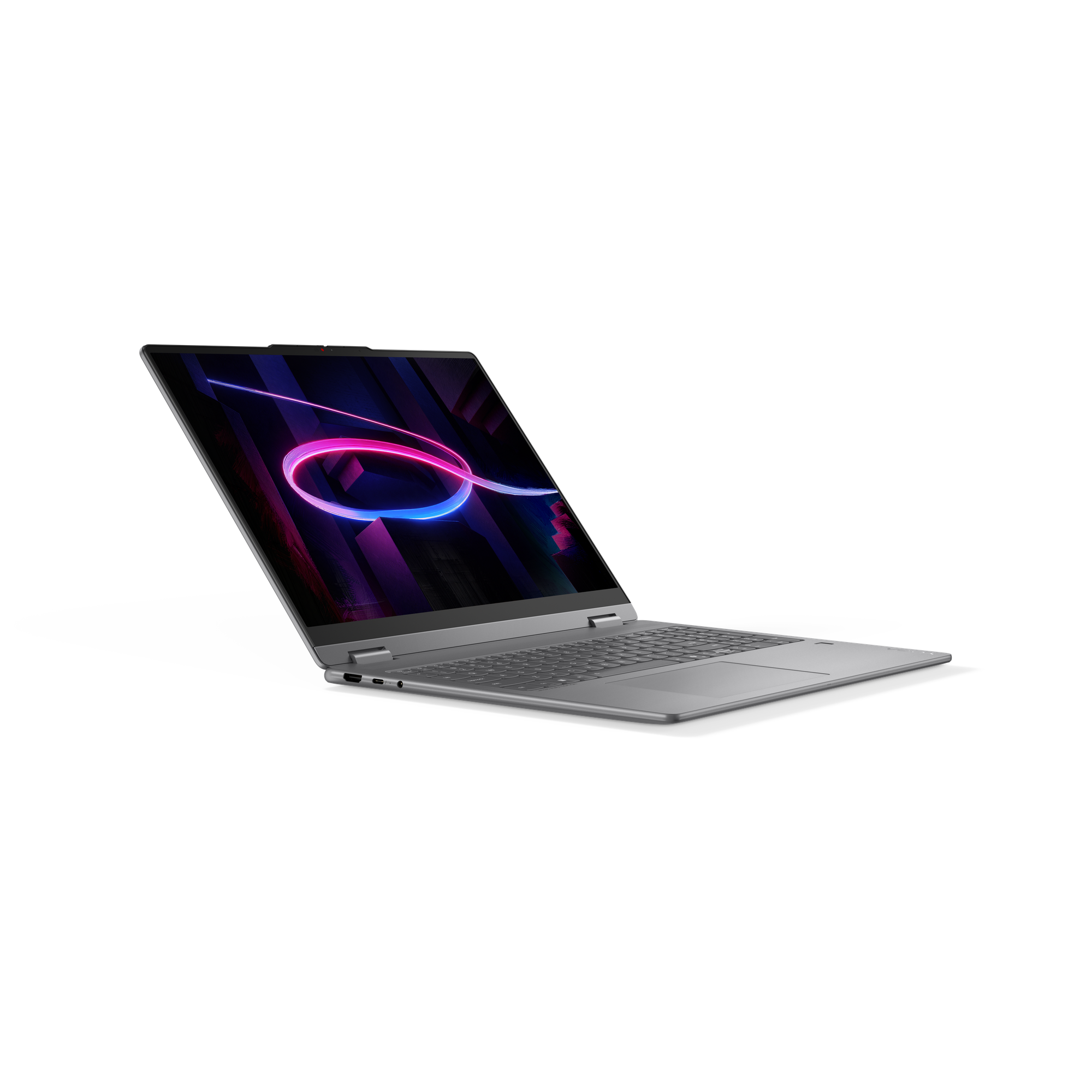 Ein silberner Laptop mit einem bunten, abstrakten Hintergrund auf dem Bildschirm.