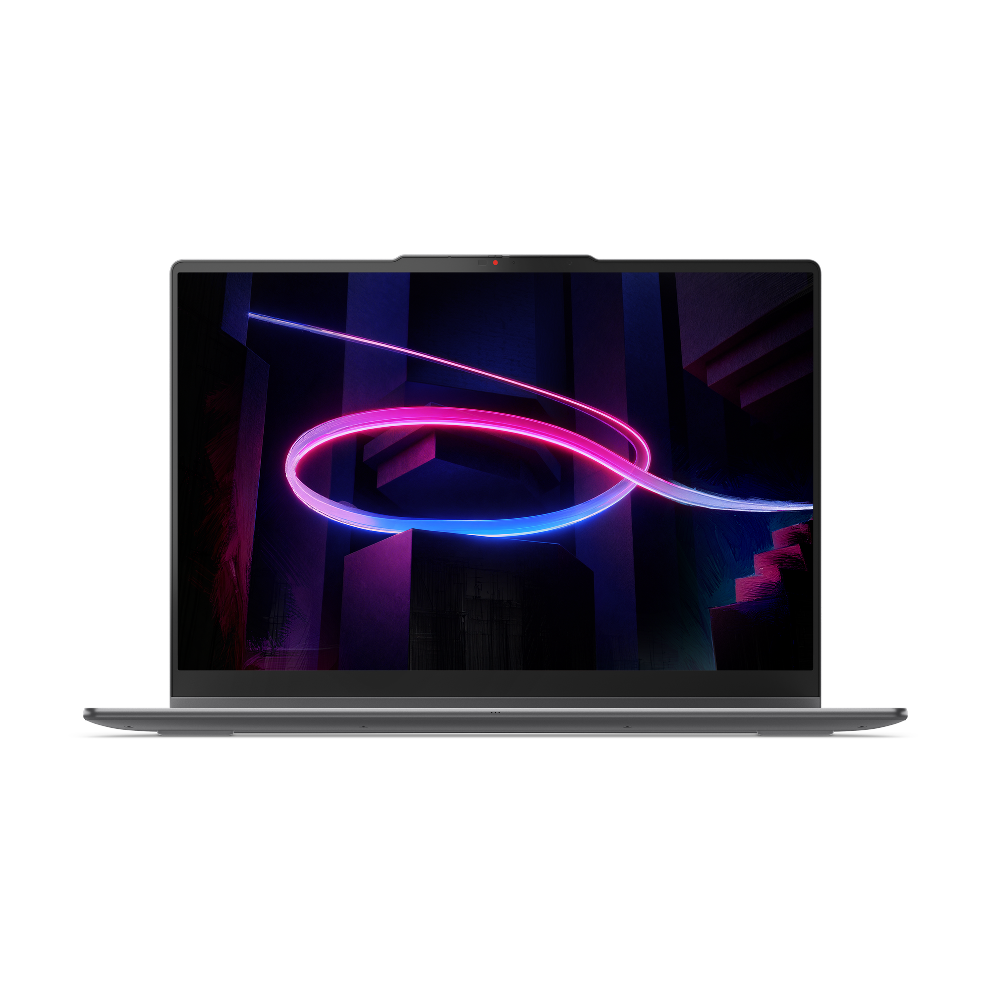 Ein geöffneter Laptop mit einem abstrakten, neonfarbenen Bild auf dem Bildschirm.