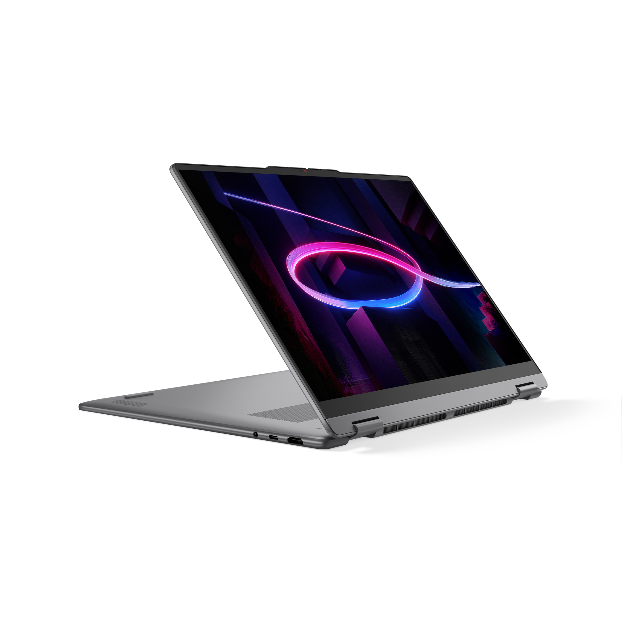 Ein silberner Laptop mit geöffnetem Bildschirm, der einen abstrakten blauen und pinken Wirbel zeigt.