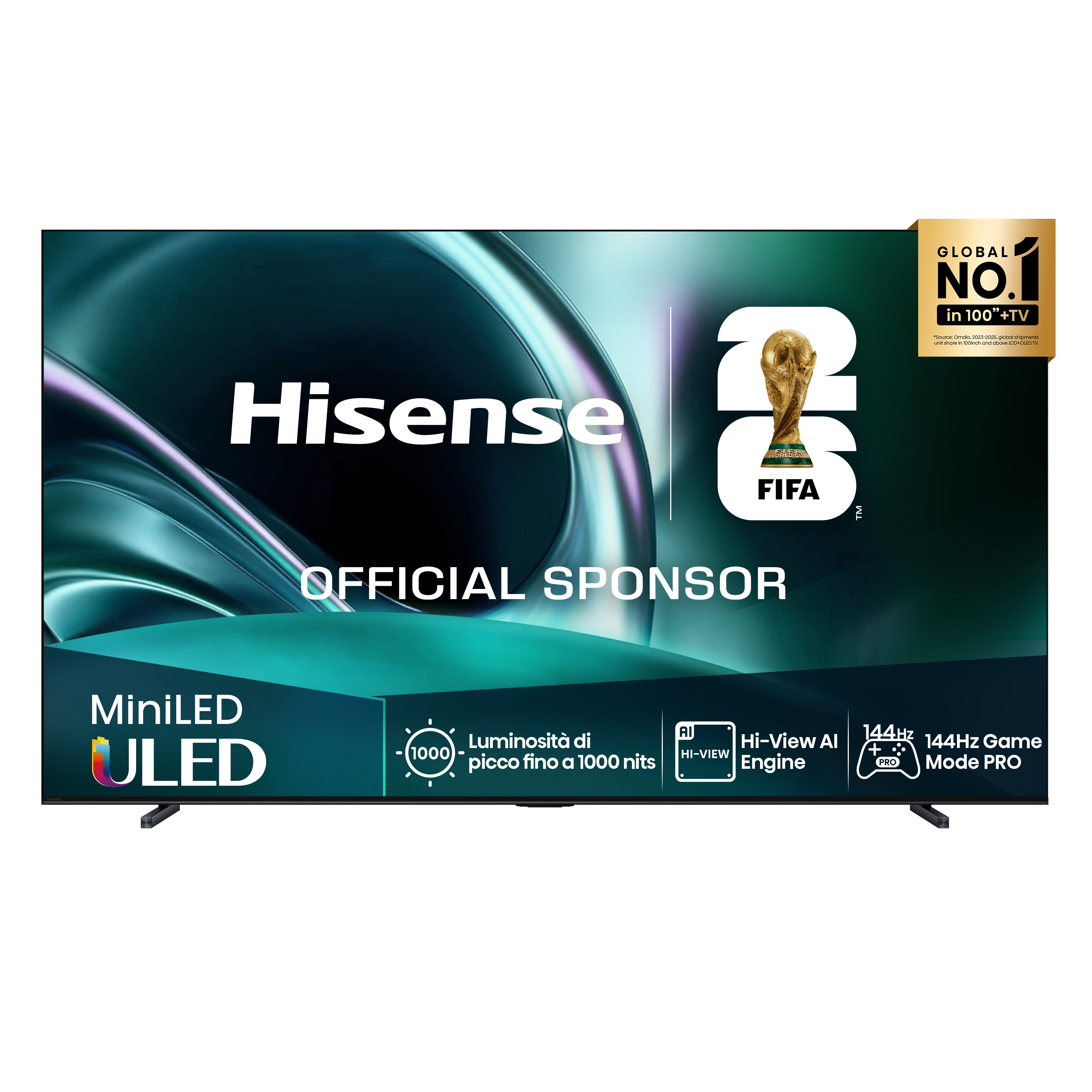 Telewizor Hisense MiniLED ULED, oficjalny sponsor FIFA, 1000 nitów, Hi-View AI, 144Hz.