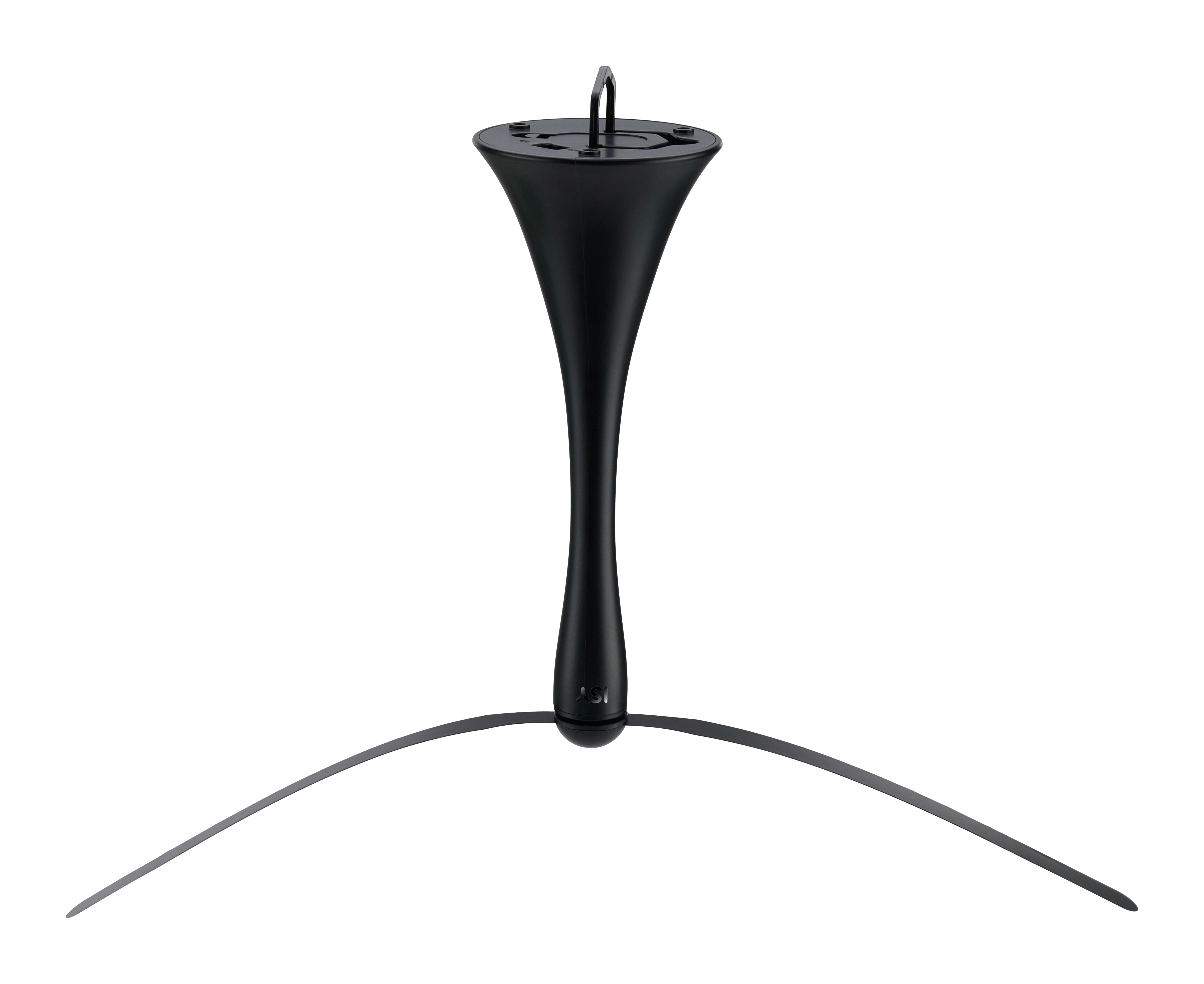 Ein schwarzer Deckenventilator mit drei schlanken, gebogenen Blättern und einem konischen Mittelteil.