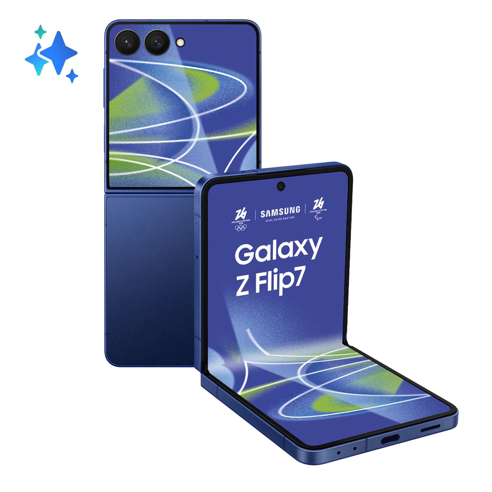 Niebieski telefon Samsung Galaxy Z Flip7, częściowo otwarty, z grafiką w tle.