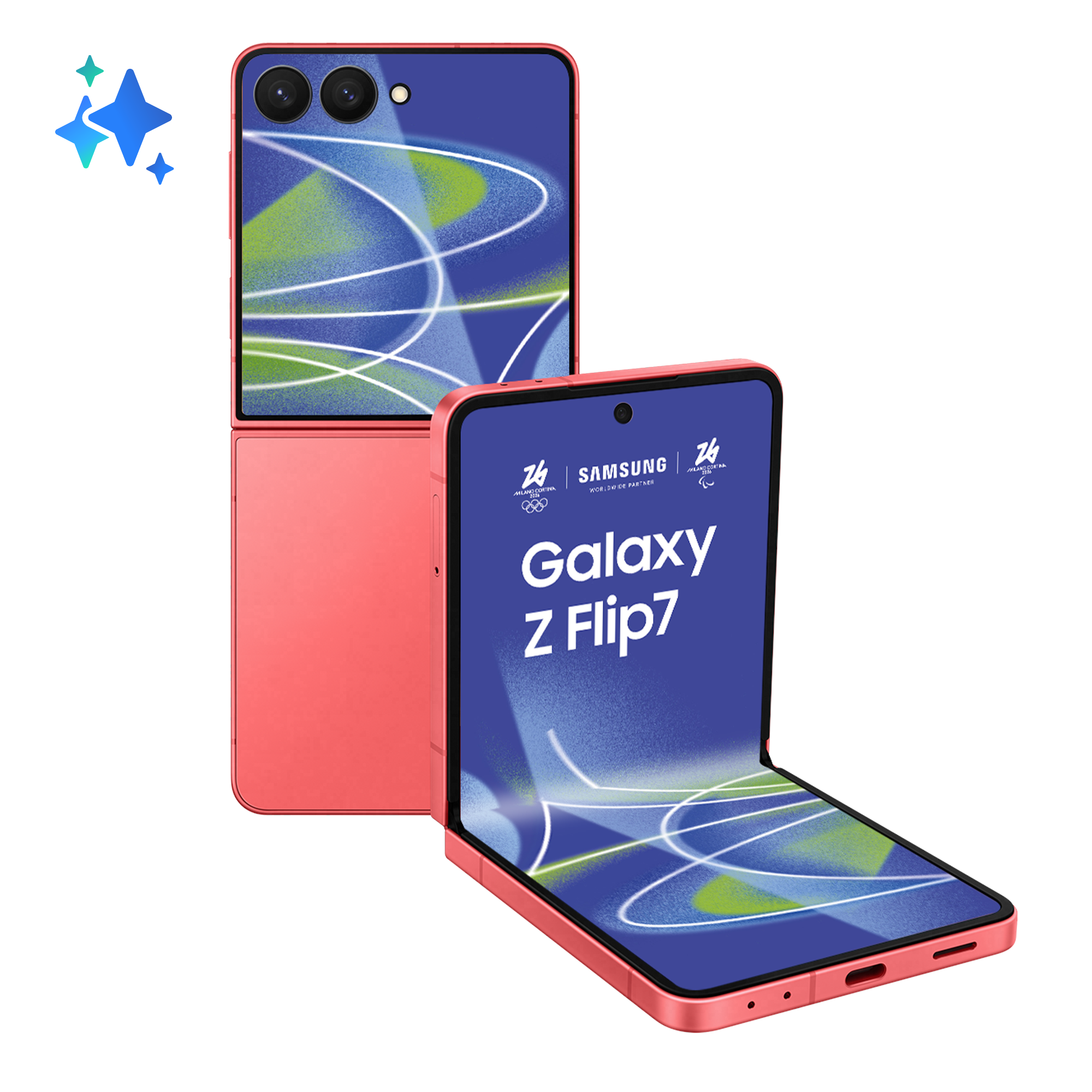 Koralowy Samsung Galaxy Z Flip7, częściowo otwarty, ze gwiazdami.
