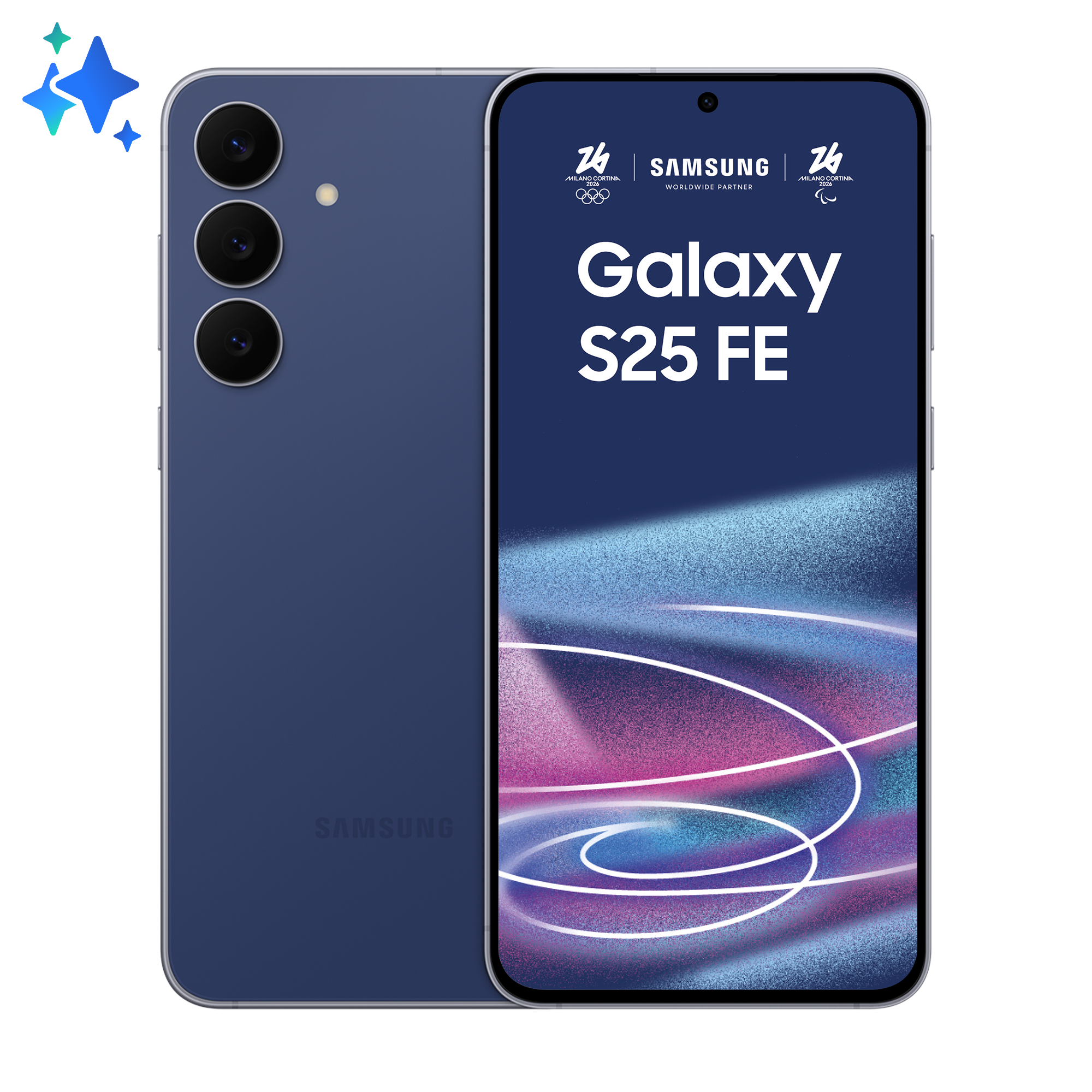 Niebieski smartfon Samsung Galaxy S25 FE z trzema aparatami. Partner Mediolanu Cortina 2026.