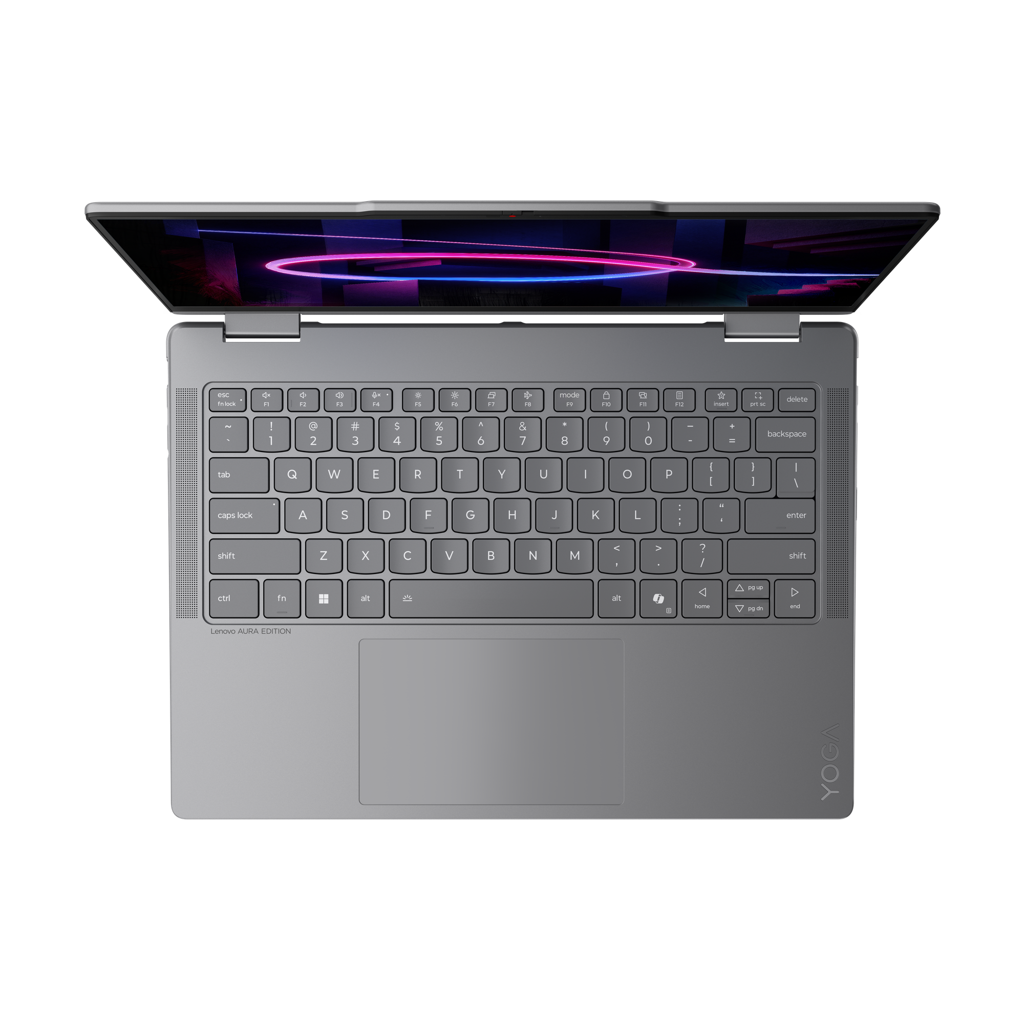 Draufsicht auf einen geöffneten silbernen Lenovo Yoga Laptop mit leuchtender Tapete.
