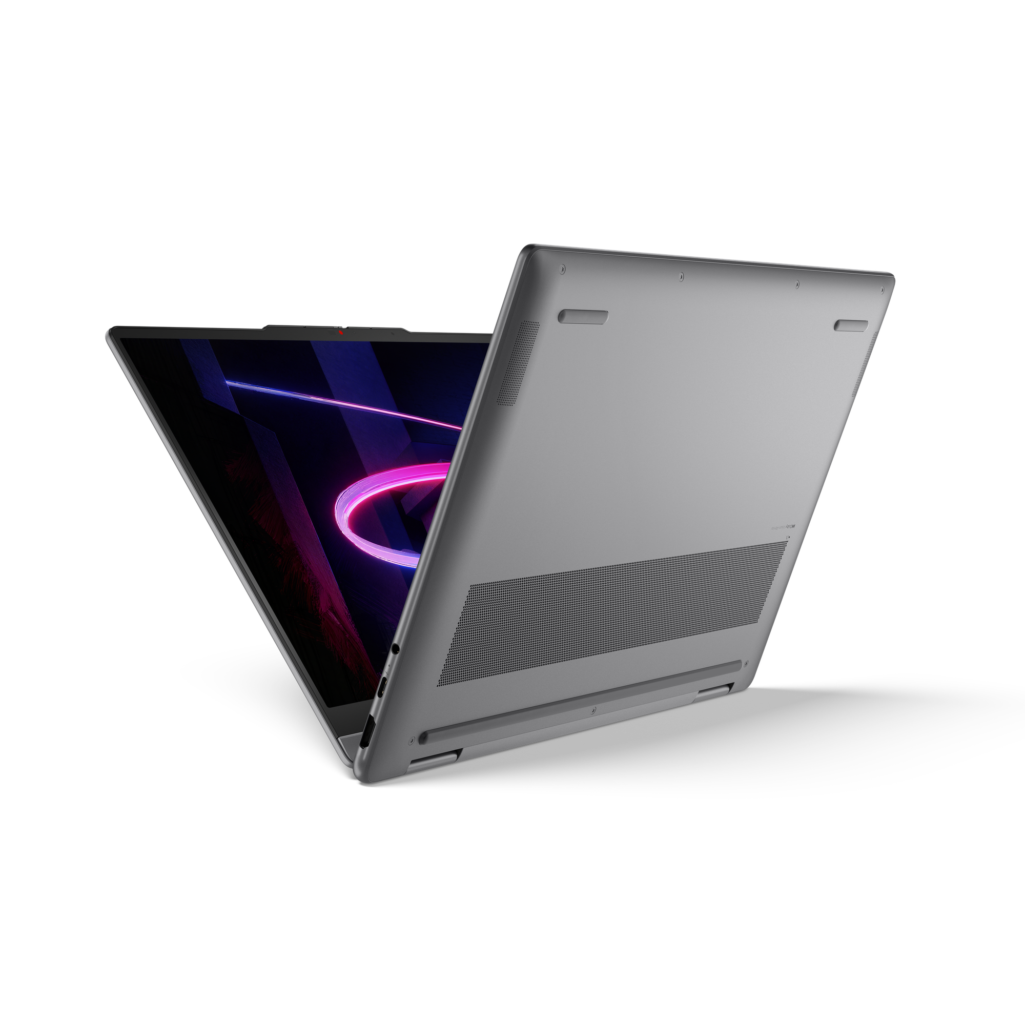 Silberner Laptop geöffnet, zeigt Bildschirm mit abstrakter Neon-Grafik auf schwarzem Hintergrund.