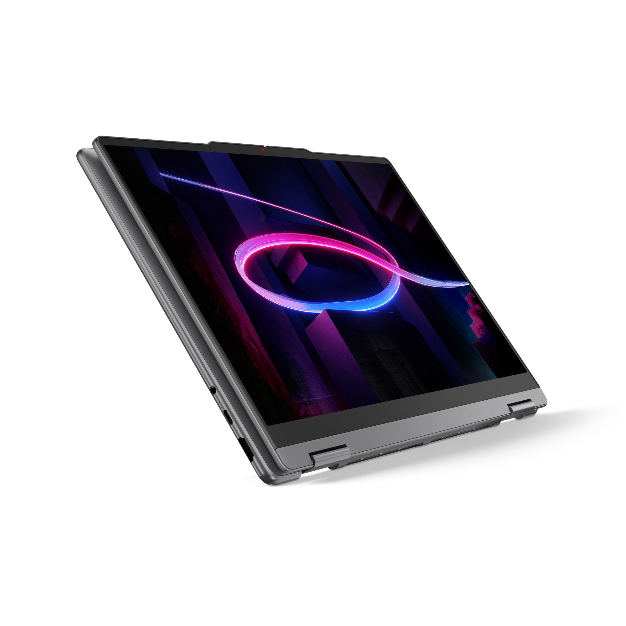 Grauer Laptop mit leuchtendem neonfarbenem Band auf dem Bildschirm.