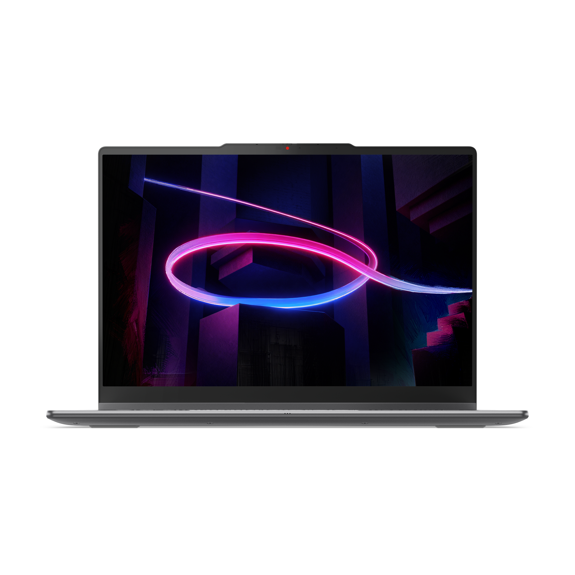 Ein geöffneter Laptop mit einem abstrakten, neonfarbenen Wirbel auf dem Bildschirm.