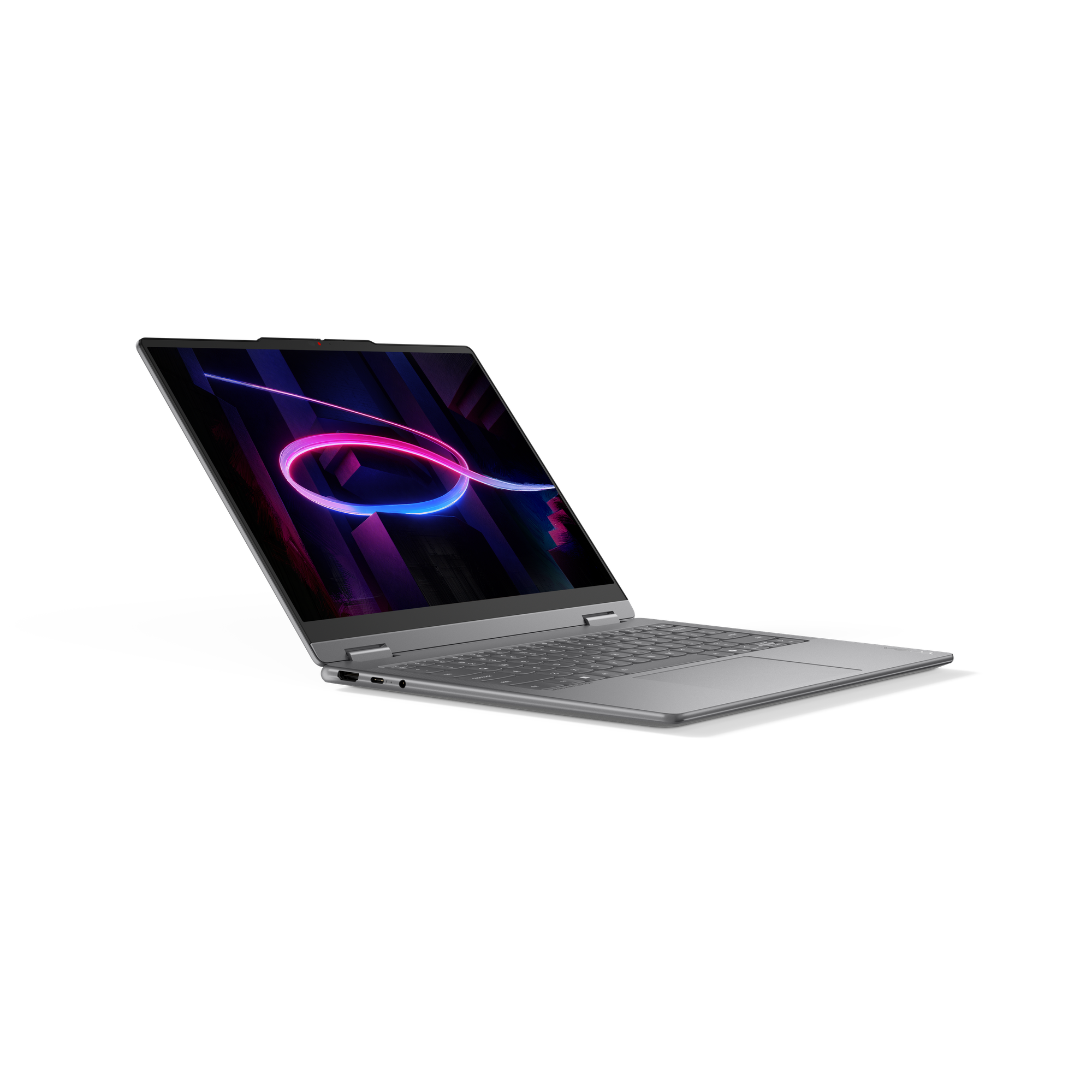 Ein silberner Laptop mit einem abstrakten, neonfarbenen Hintergrund auf dem Bildschirm.