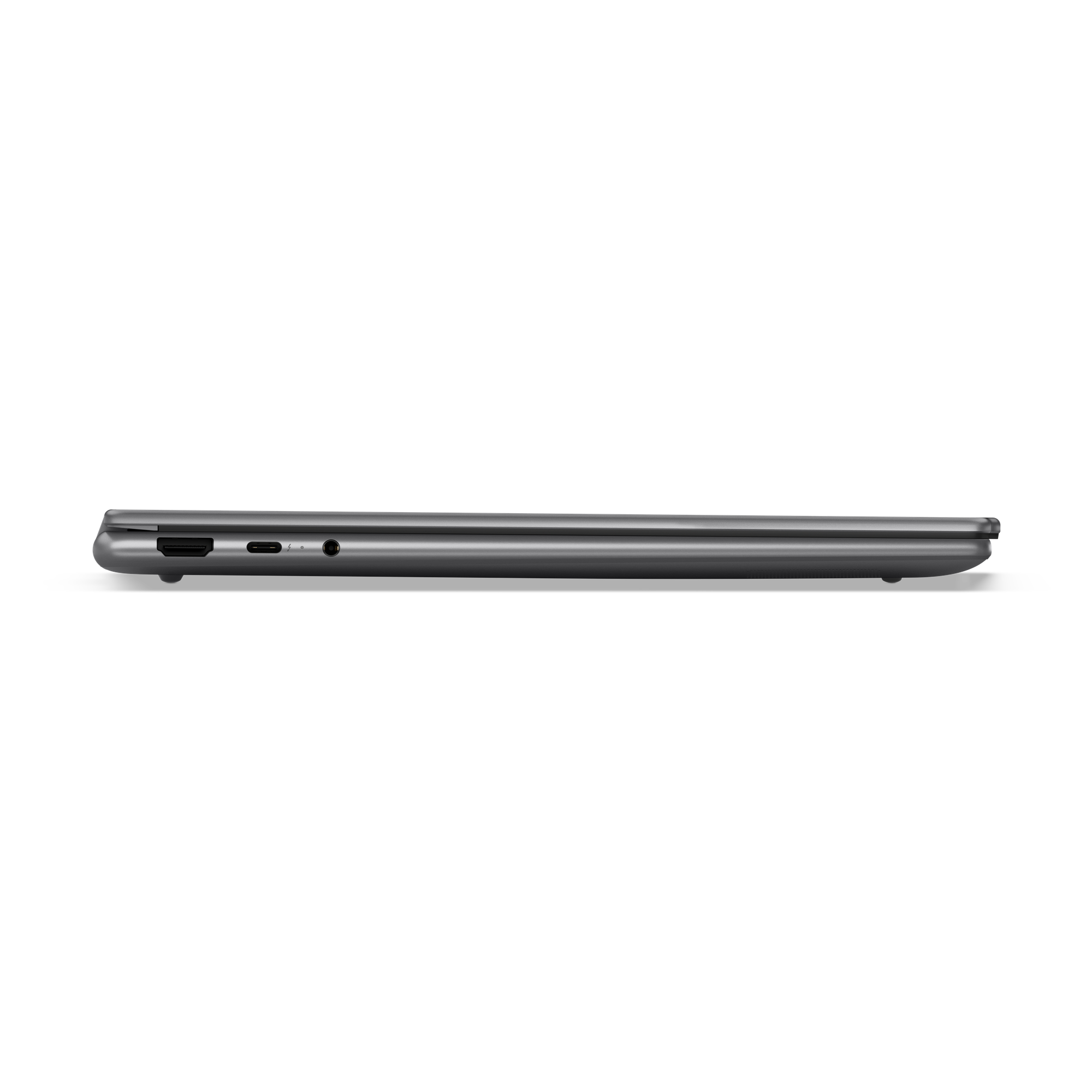 Seitenansicht eines geschlossenen grauen Laptops mit Anschlüssen.